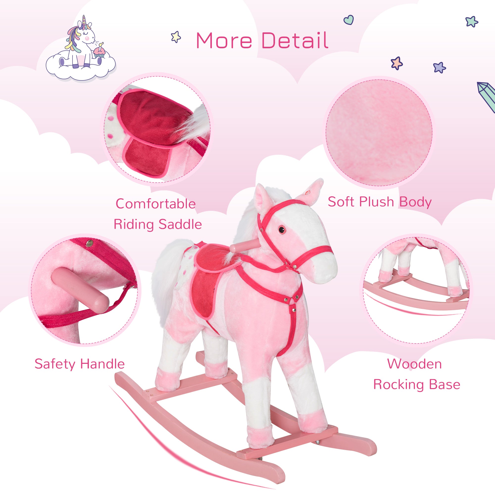 Kids Plush Toy Rocking Horse Pony Toddler Ride on Animal Rocker with Realistic Sounds, Birthday Gifts for Girls, Pink