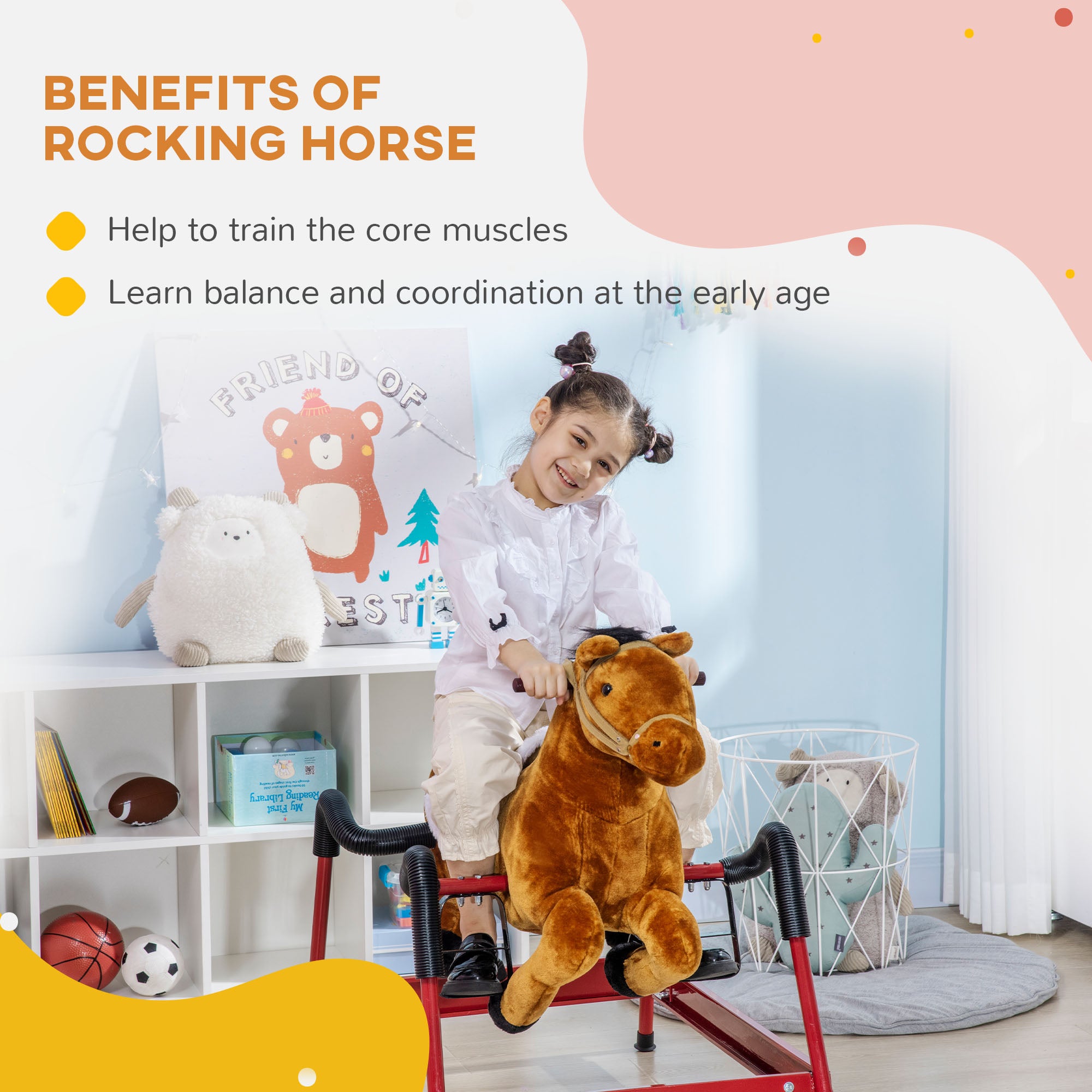 Kids Spring Rocking Horse, Ride on Horse for Girls and Boys with Sounds, Plush Animal Ride-on Toy with Soft Feel, Interactive Toy for Kids, Light Brown