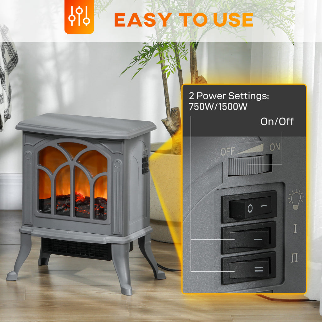 Electric Fireplace Heater, Freestanding Fireplace Stove with Realistic Logs and Flame Effect, 750W/1500W, Gray