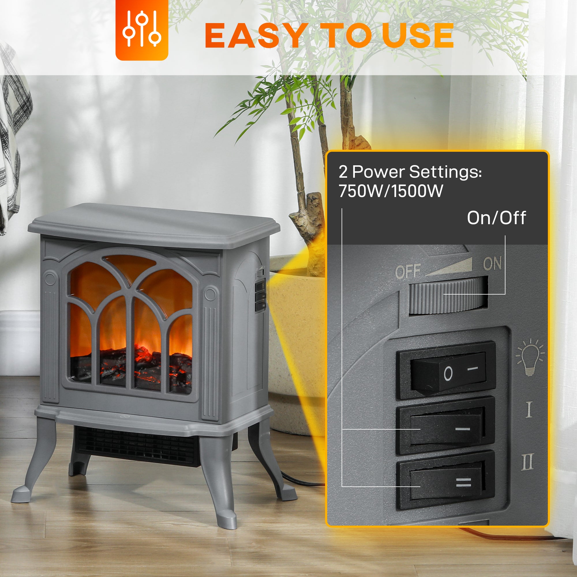 Electric Fireplace Heater, Freestanding Fireplace Stove with Realistic Logs and Flame Effect, 750W/1500W, Gray