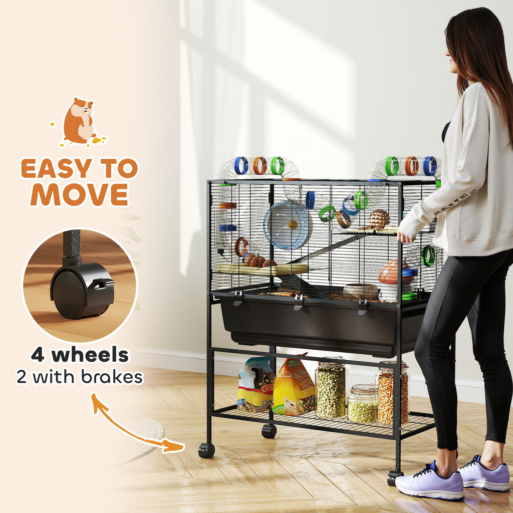 3 Tier Hamster Cage, Rolling Rat Cage with Deep Tray, Storage Shelf, Big Exercise Wheel, Hut, Tube System