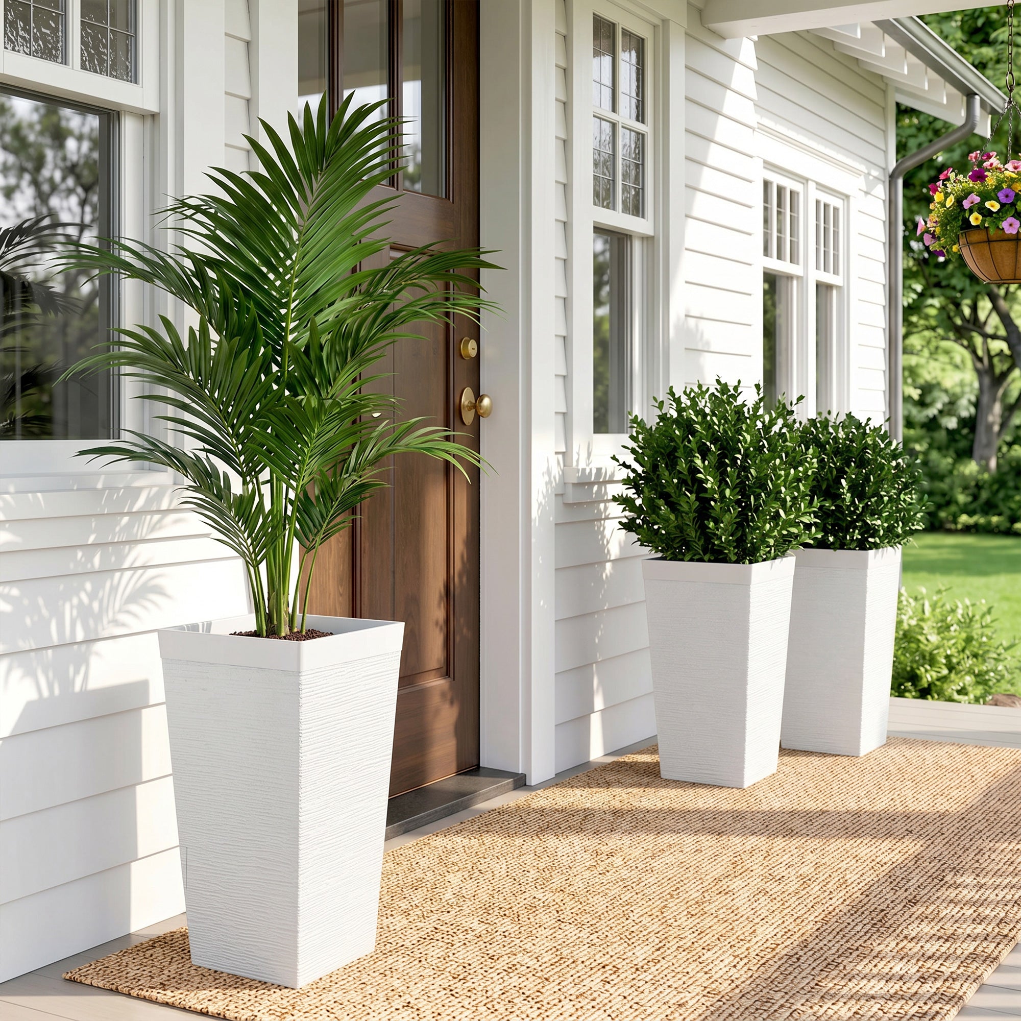 22.8 Inch Set of 3 Outdoor Planters with Stone Finish and Wheels, Stackable Tapered Planters with Drainage Hole, White