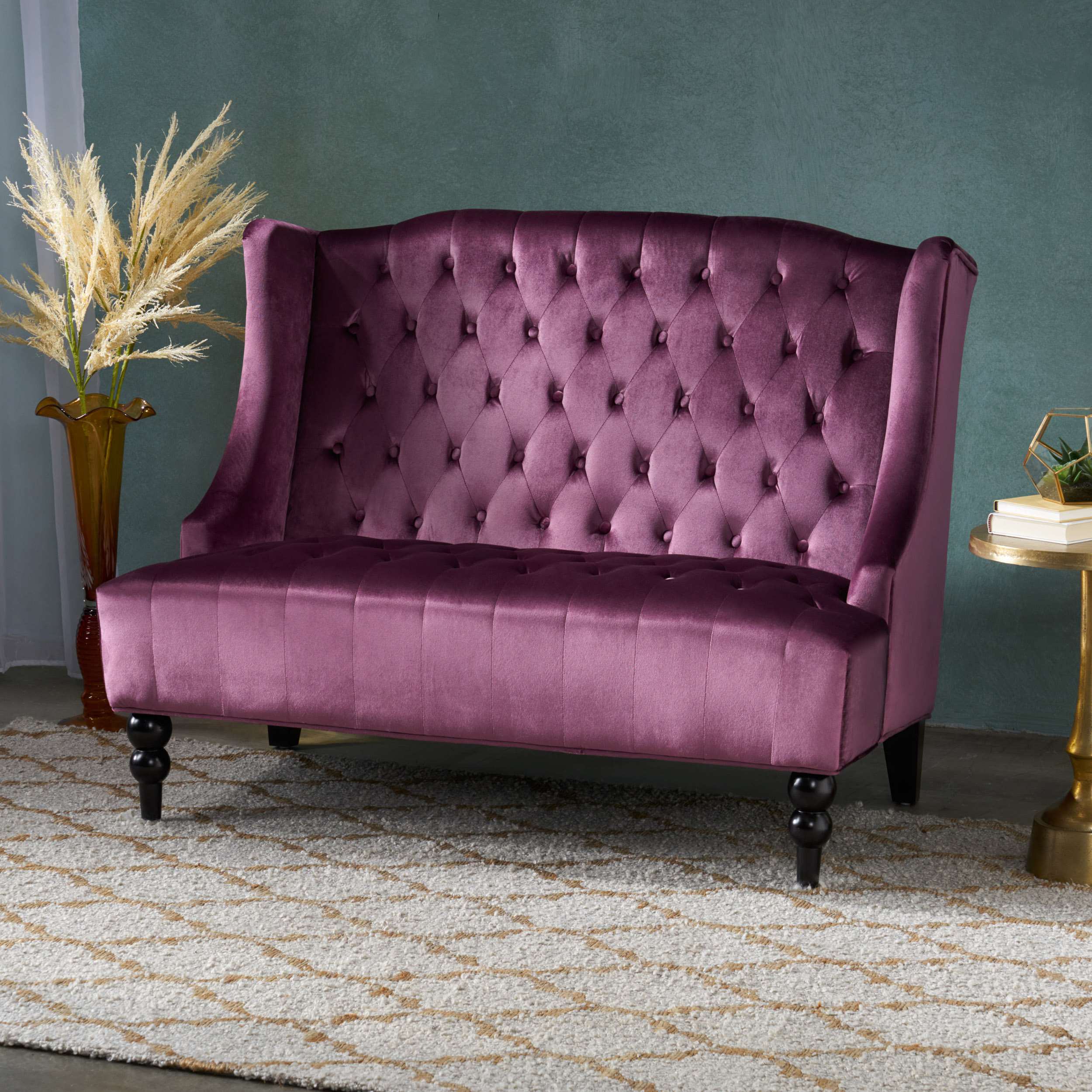 Modern Glam Loveseat Sofa with Velvet Upholstery, Wingback Design, Button-Tufted Diamond Stitch, 50.50" W x 34.00" D x 38.50" H, Raisin