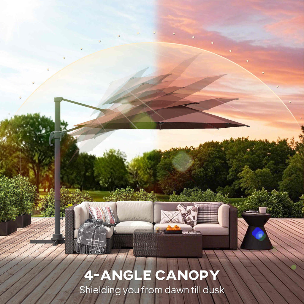 11ft Cantilever Patio Umbrella with Base, Double Top Hanging Aluminum Offset Umbrella with 360° Rotation, Easy Tilt, 8 Ribs, Crank, Cross Base for Backyard, Brown
