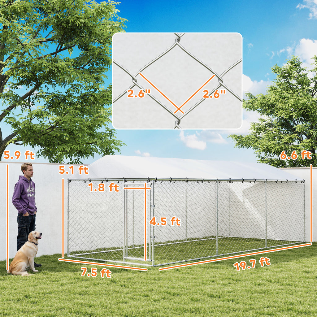 20' x 7.5' x 6.5' Dog Kennel Outdoor for Small Medium Large Dogs with Waterproof Roof, Silver