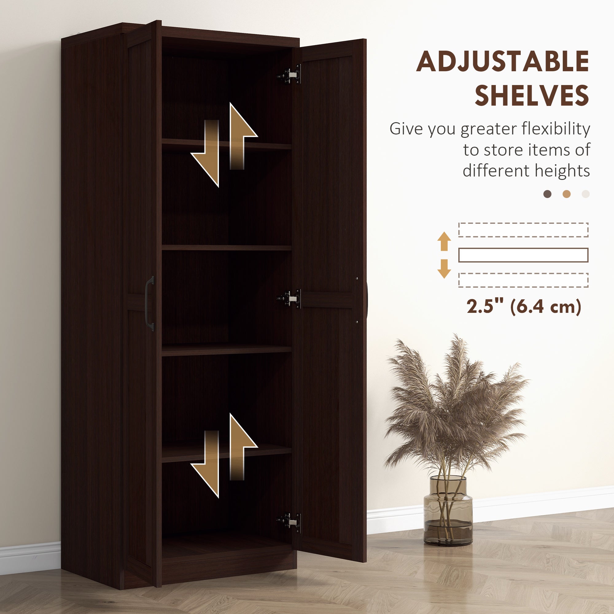 63" 2-Door Kitchen Pantry, Freestanding Cabinet with 2 Adjustable Shelves for Dining Room, Cinnamon Cherry Wood Grain