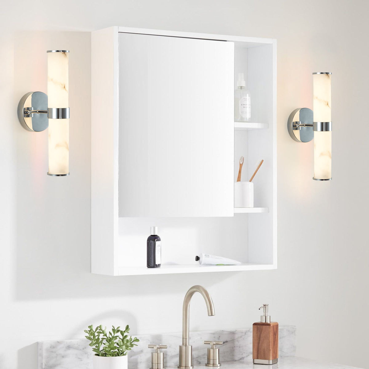 Set of 2 Resin Imitation Marble Wall Sconce, Modern Vertical Light Fixture for Bathrooms, Hallways, Bedrooms, 5" L x 5.5" W x 14" H, Silver