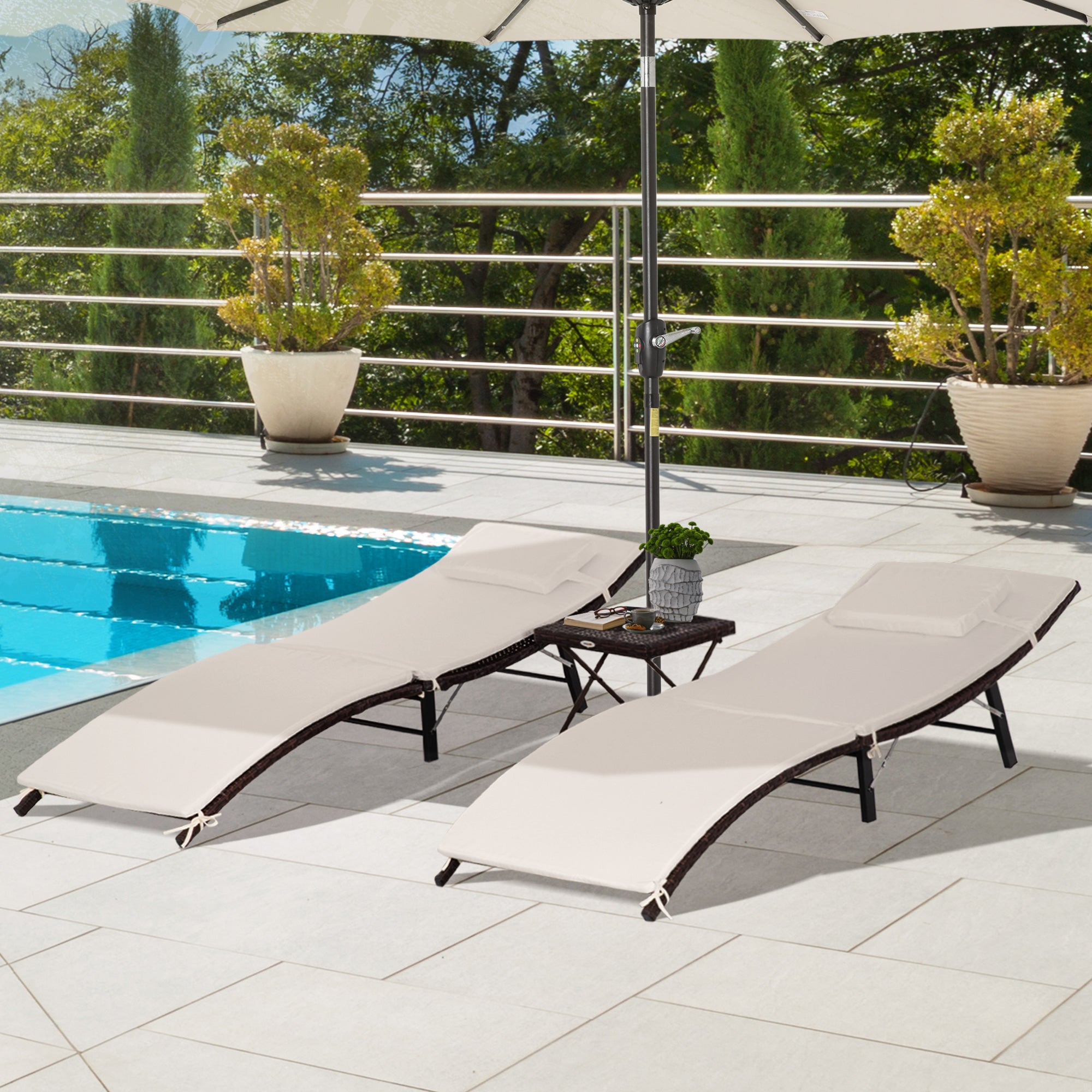 Patio Chaise Set, Set Of 2 Folding Pool Lounge Chairs with Side Table, Outdoor PE Rattan Wicker, Cushion, Pillow for Beach, Beige