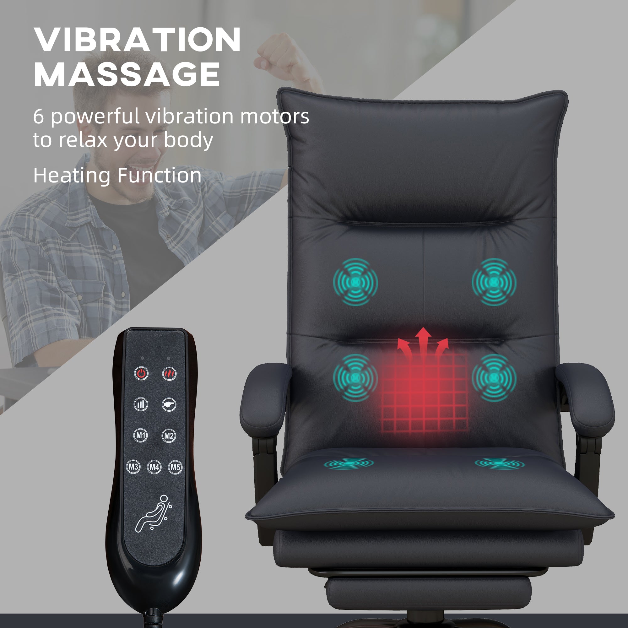 Executive Massage Office Chair with 6 Vibration Points, Microfiber Computer Desk Chair, Heated Reclining Chair with Footrest, Armrest, Double Padding, Charcoal Gray