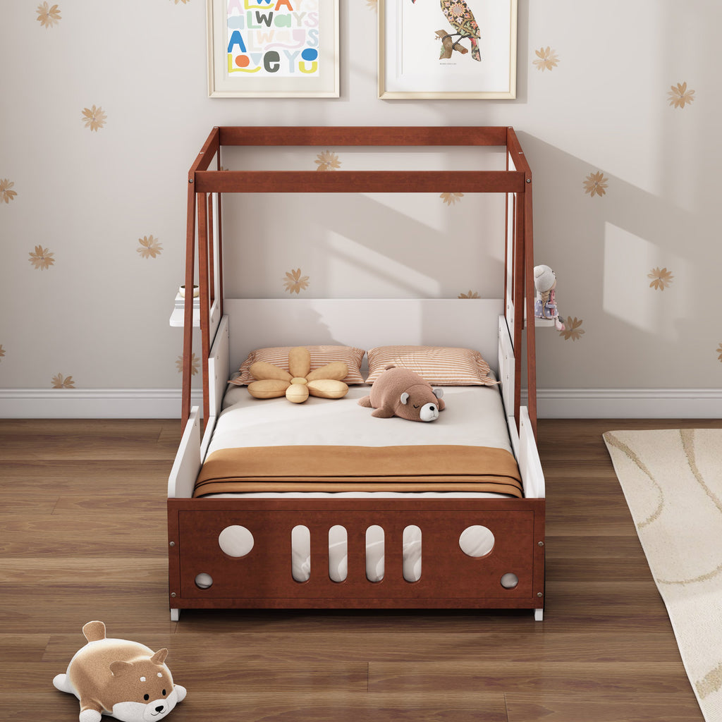 Twin Size Car Bed for Kids, Solid Wood Frame, Fun Play Design with Wheels, Doors, and Windows, 77" x 41.3" x 41.1", White+Orange