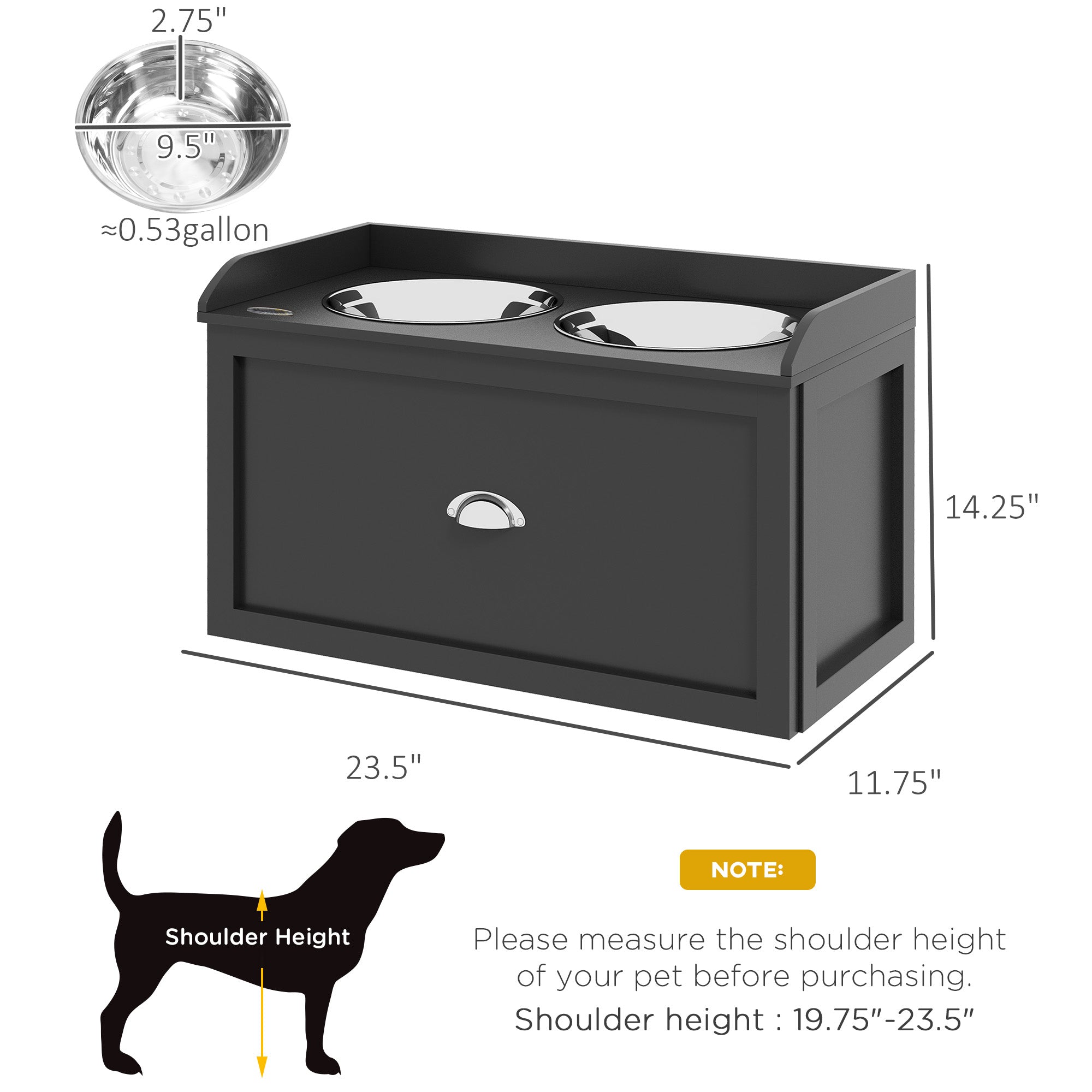 Pet Feeding Station Pet Dish Bowl Set with Storage, 2 Elevated Dog Bowls for Large Sized Dogs, Black