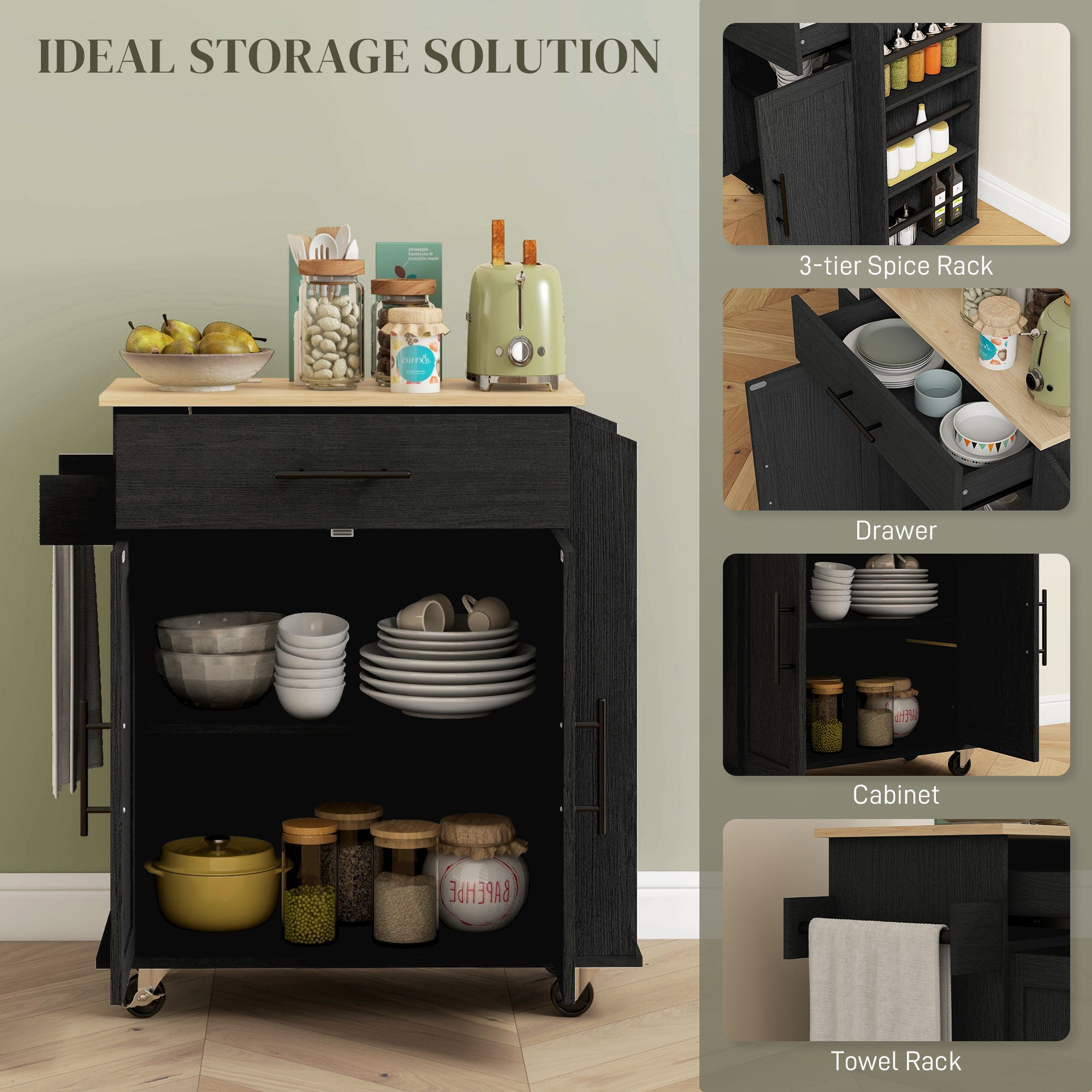 Rolling Island with Wheels for Kitchen, Kitchen Island on Rollers with Power Outlets, Drawer, and Doors, Black