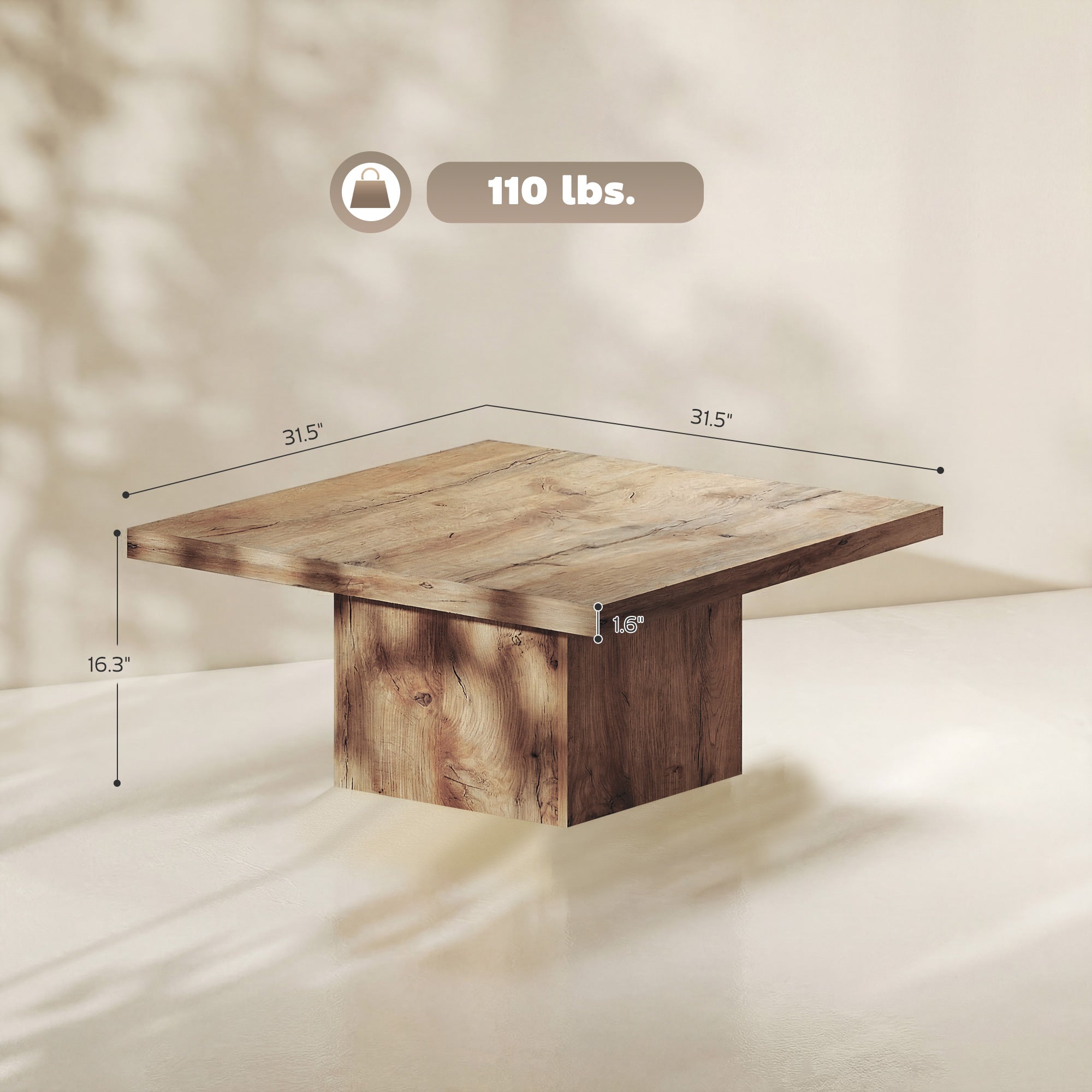 Square Coffee Table, Center Table with 1.6" Thick Tabletop, Light Brown