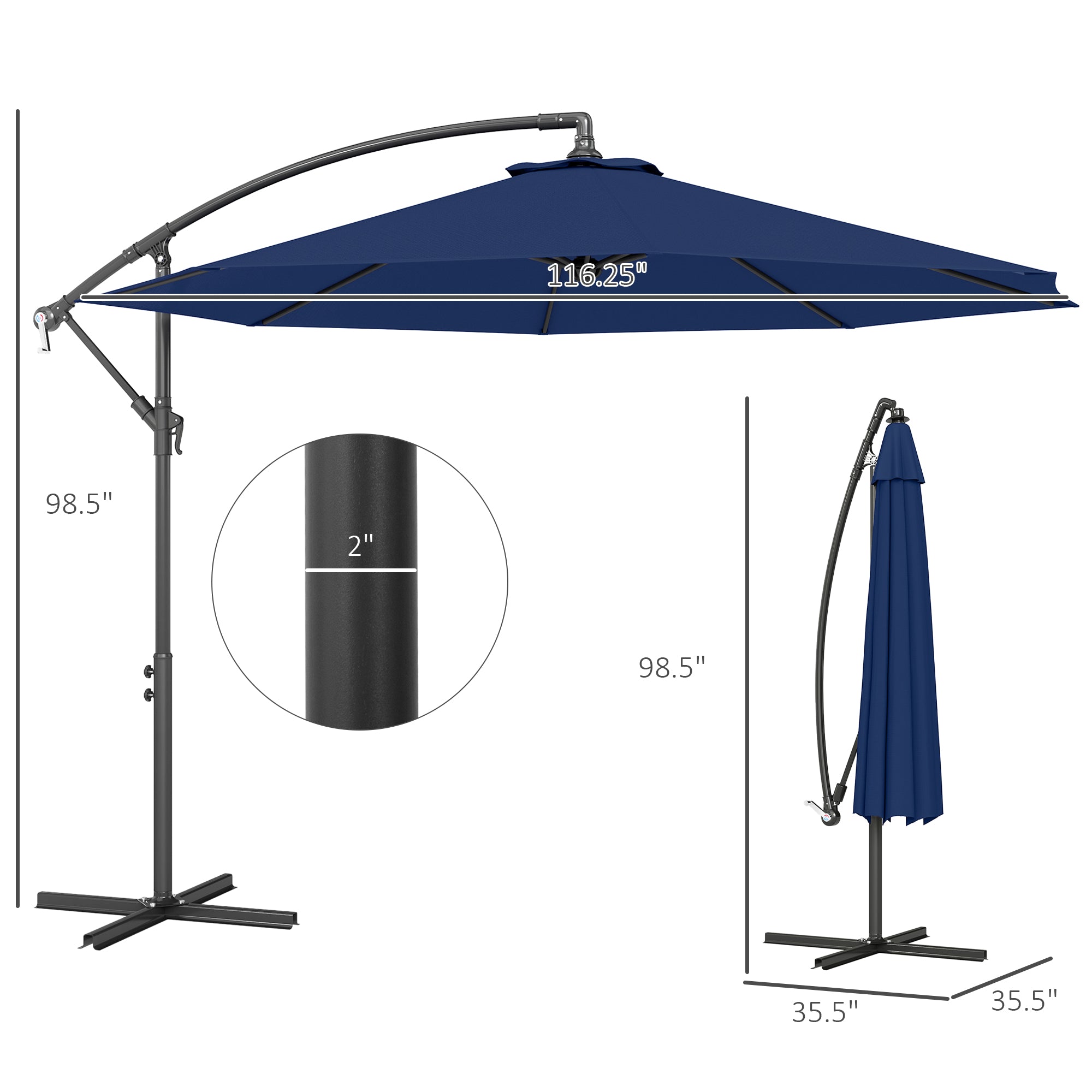 10' Cantilever Tilt Offset Patio Umbrella w/ UV & Water Safe Material & Cross Base (Weight Not Included), Navy Blue