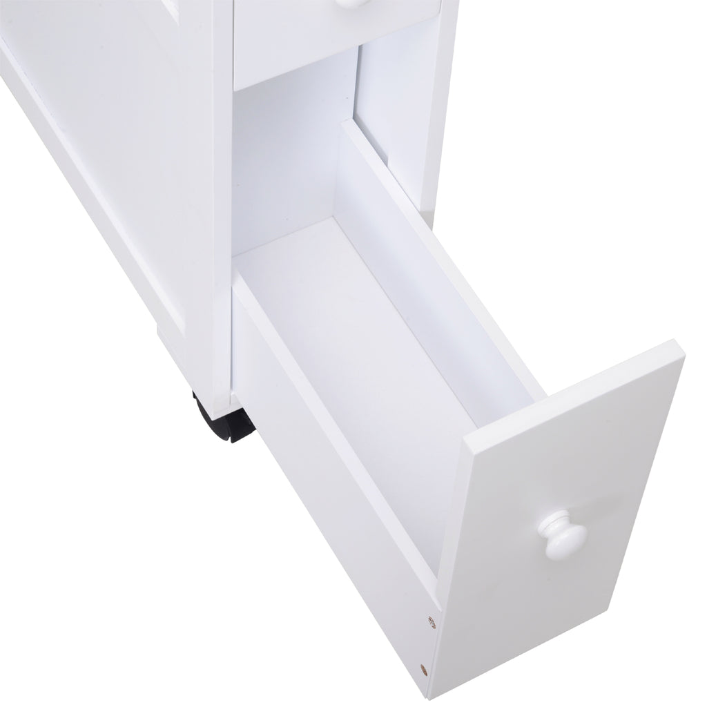 6.25" x 20.5" x 28.25" Wood Rolling Narrow Bathroom Side Storage Cabinet - White