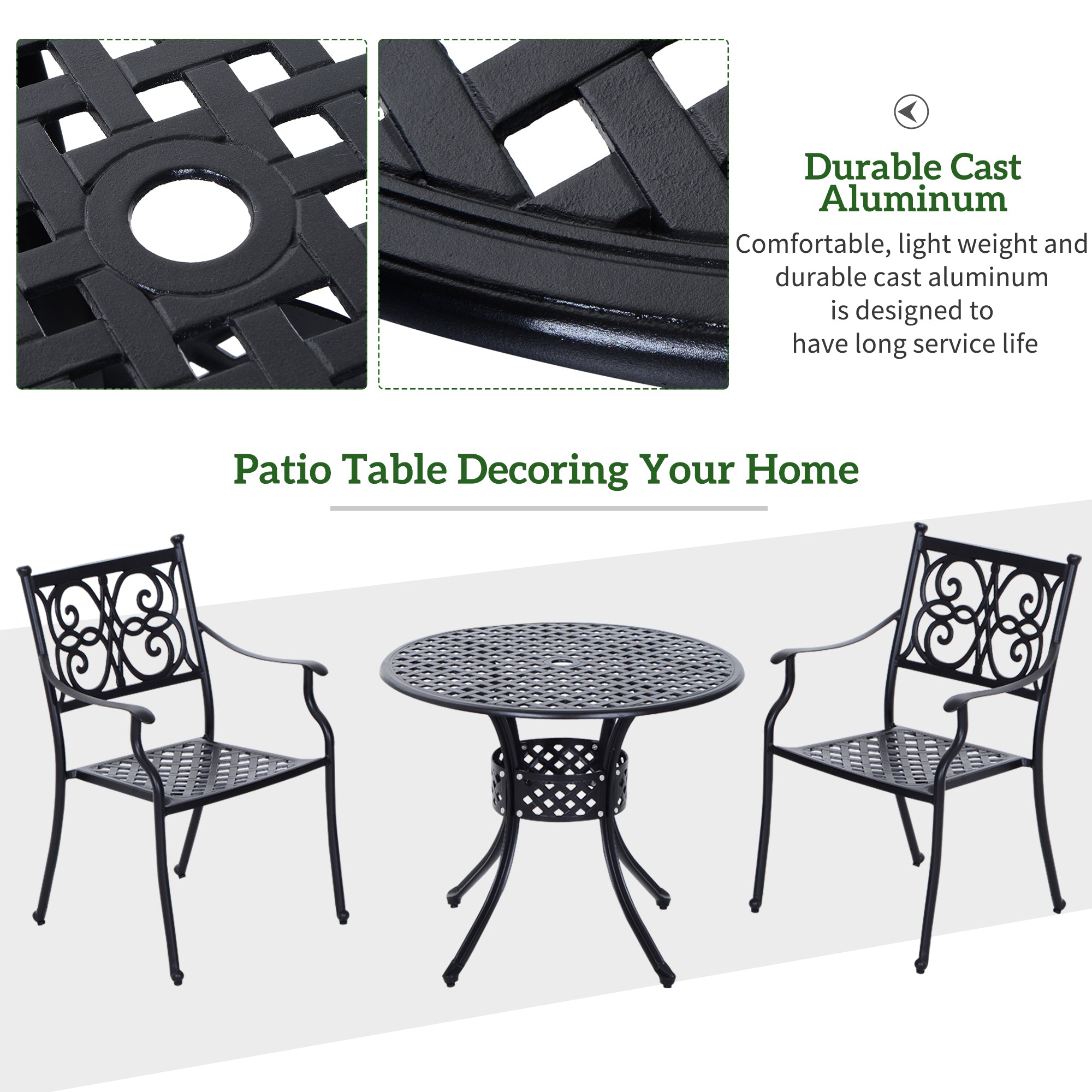 33" Patio Dining Table Round Cast Aluminium Outdoor Bistro Table with Umbrella Hole - Black