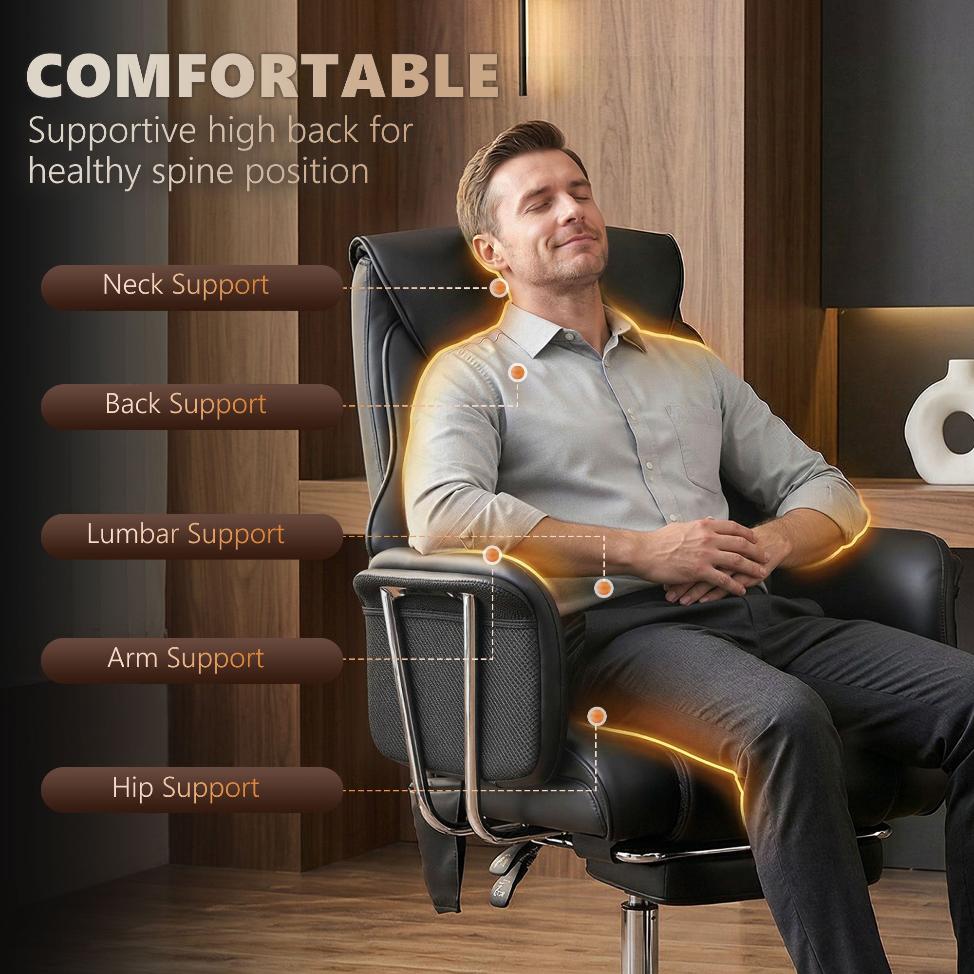 Massage Office Chair with 6 Points Vibration, Executive Desk Chair with High Back, PU Leather, Footrest, Black