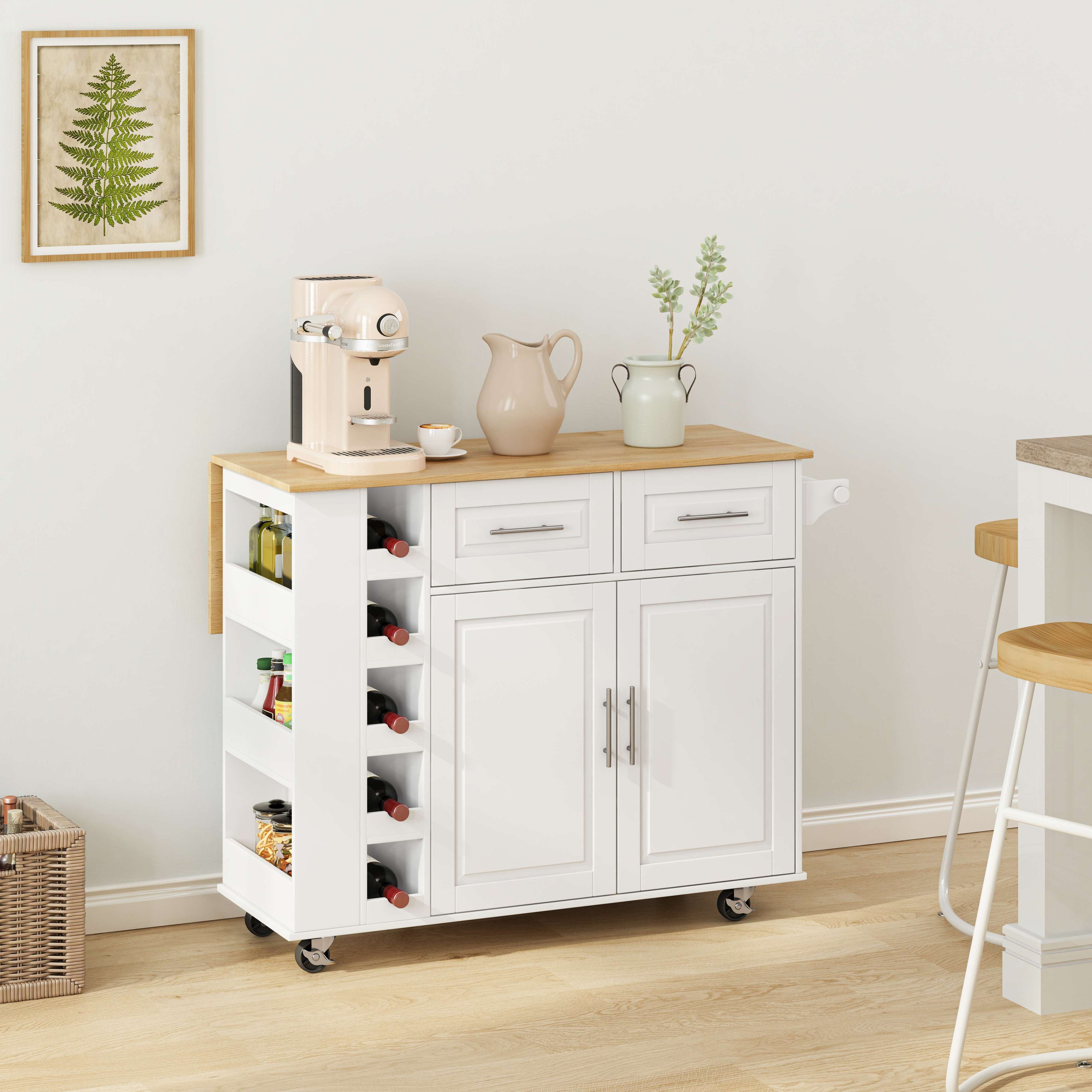 Multi-Functional Kitchen Island Cart with 2 Door Cabinet, Drawers, Spice Rack, Towel Holder, Wine Rack, Foldable Rubberwood Table Top, 46.46"L x 16.93"W x 35.83"H, White