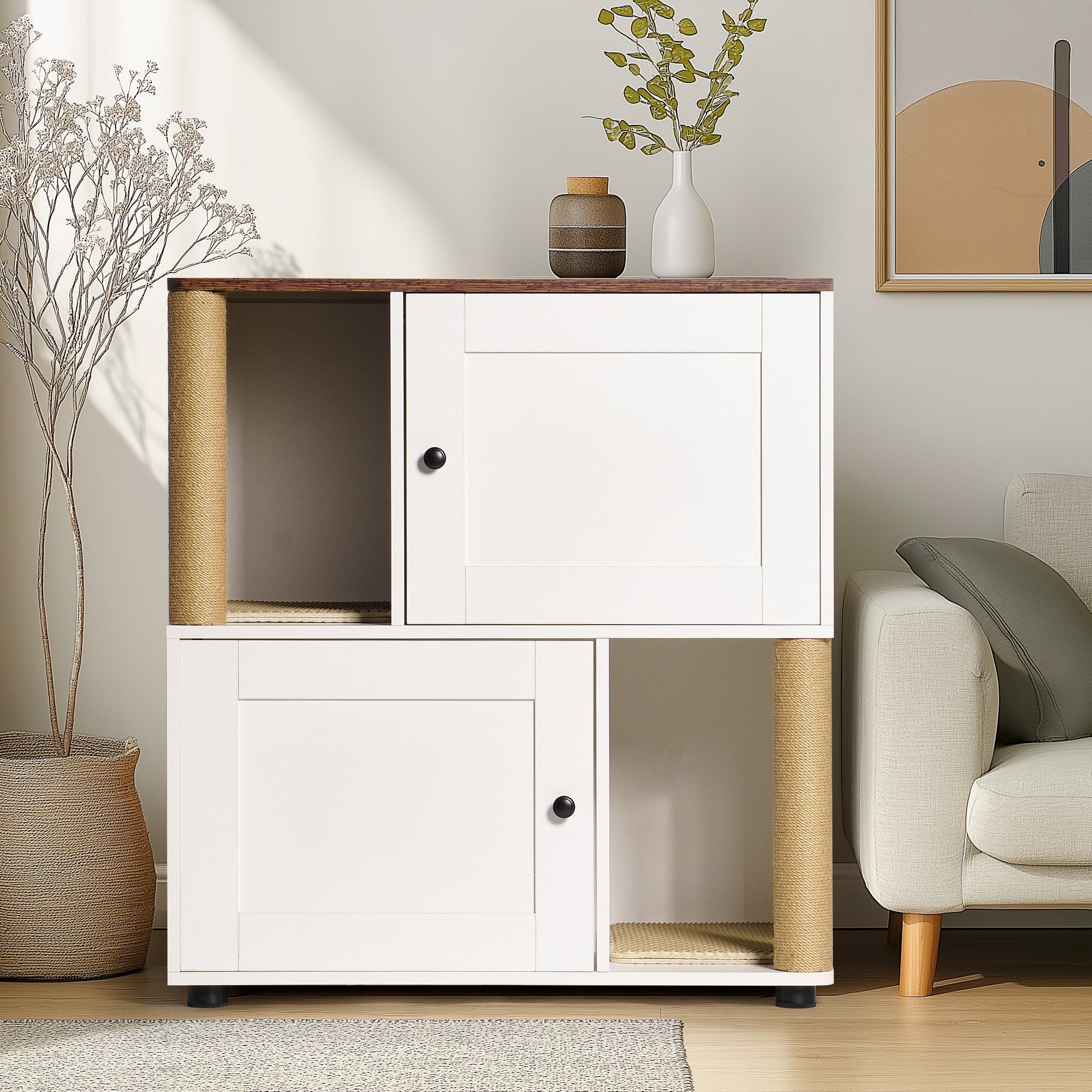 Double Cat Litter Box Enclosure with Shelves and Particle Board, Cat Cabinet Fits Most Litter Boxes, 31.5" L x 20" W x 34.5" H, White+Vintage