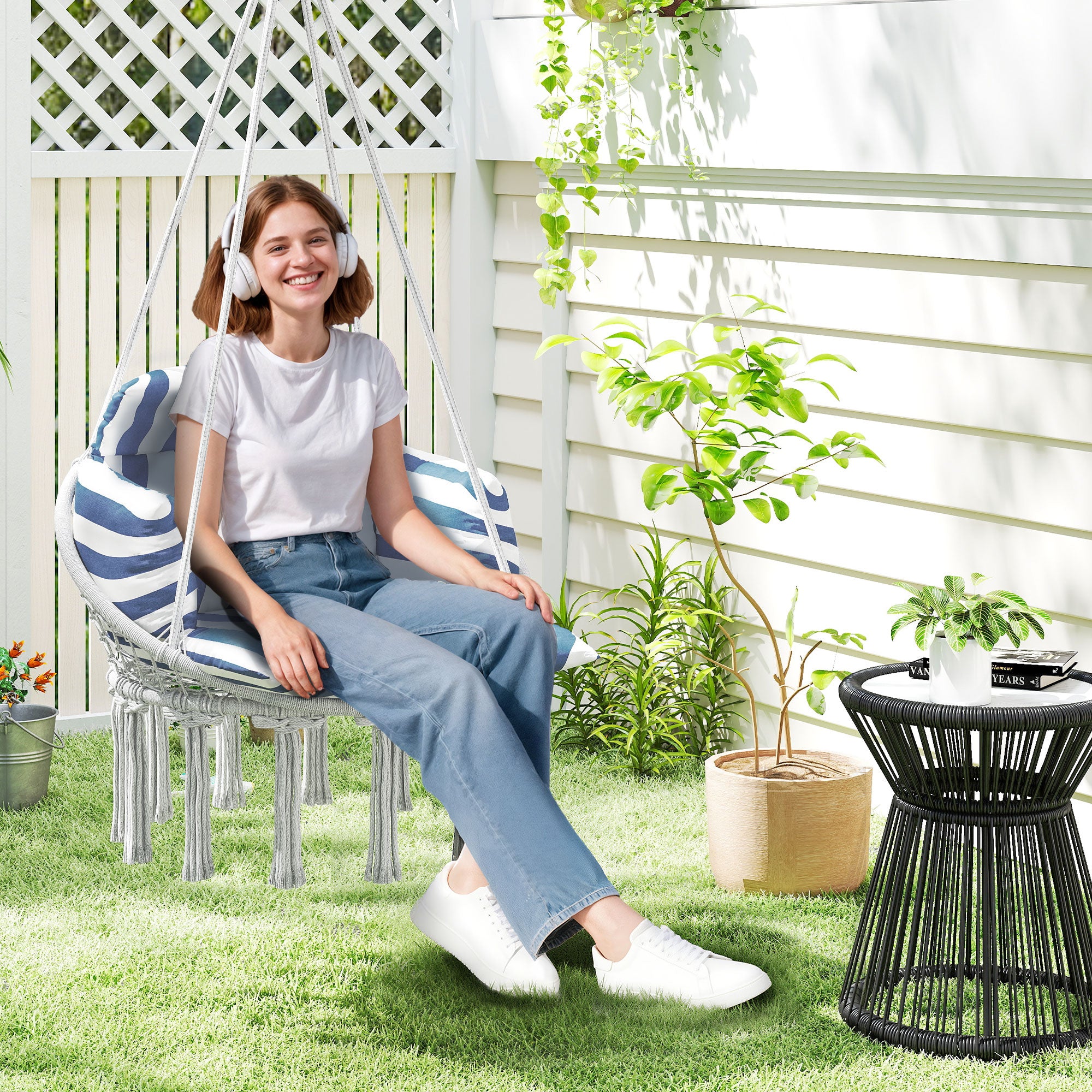 Hammock Swing Chair, Macrame Hanging Chair with Large Cushion, Chain, Steel Frame for Indoor Outdoor Use, Blue and White