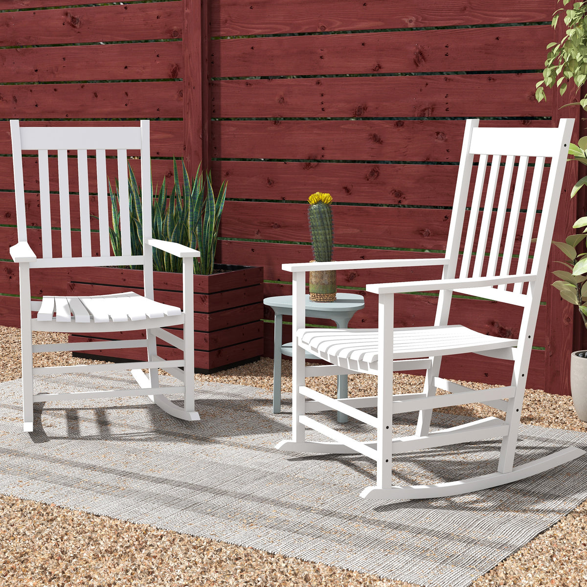 Wooden Rocking Chair Set, Curved Armrests, High Back, Slatted Seat Outdoor Rocker Set, White