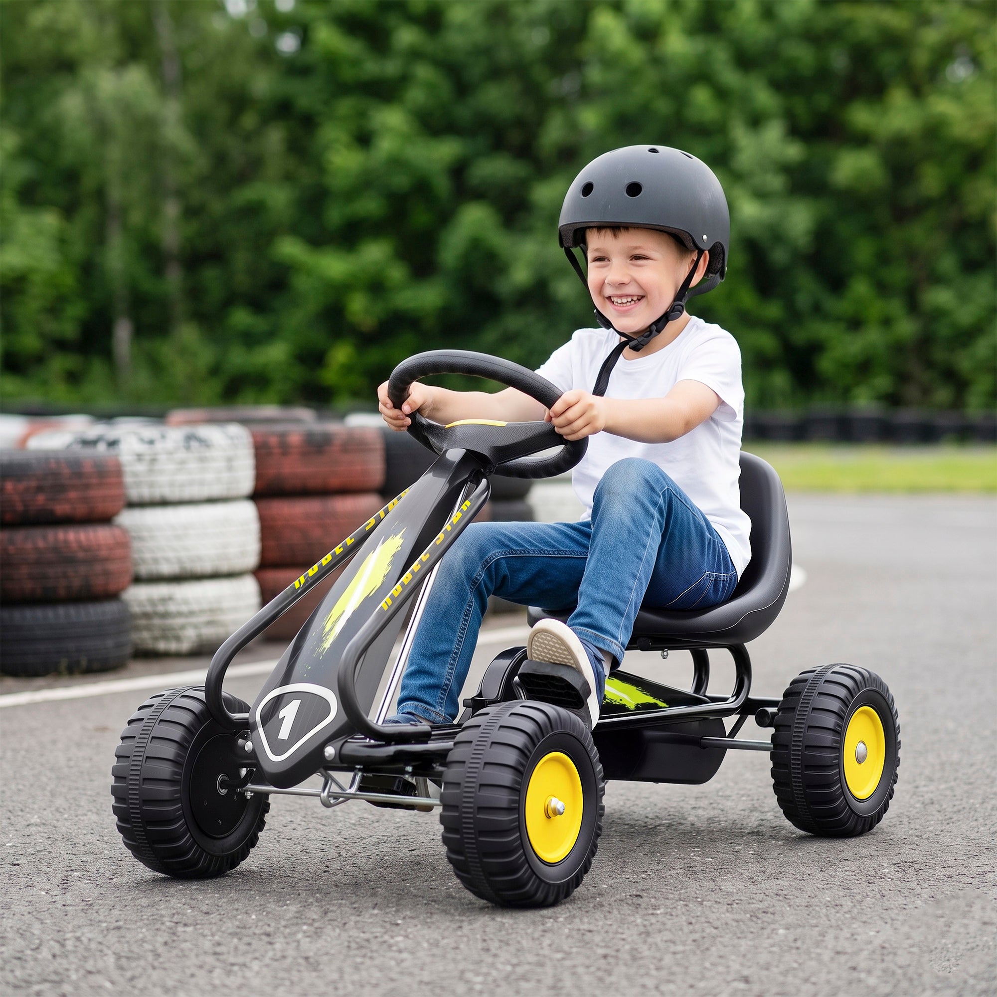 Pedal Go Kart for Kids with Adjustable Seat, Backrest, Outdoor Racer Ride On Pedal Car for Boys Girs 3-6 Years, Black