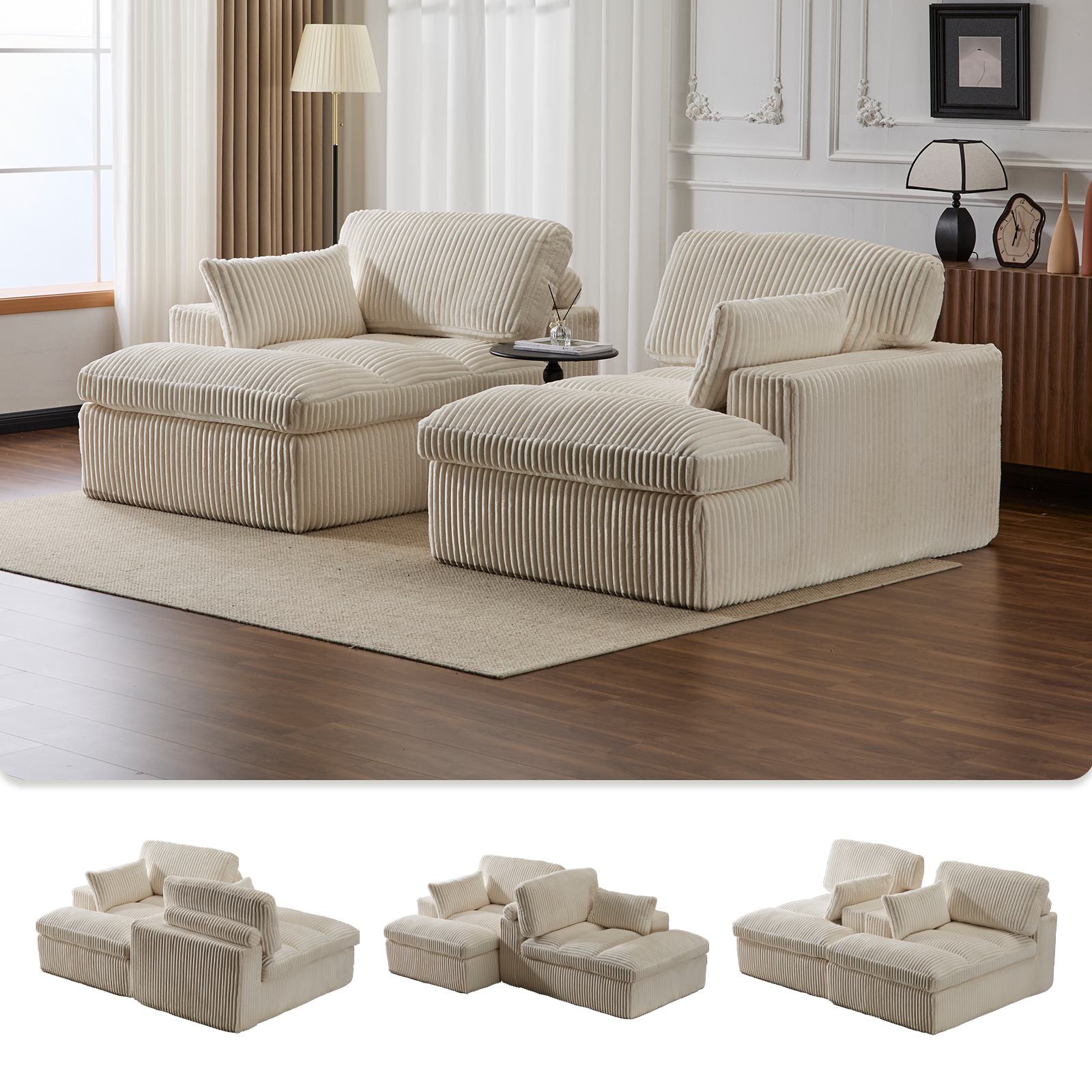 Deep Seat Sofa Double Chaise Lounge Chair with Corduroy Fabric, Compressed Sofa Sectional Loveseat for Apartments, 82.5'' L x 57'' W x 23.5'' H, White