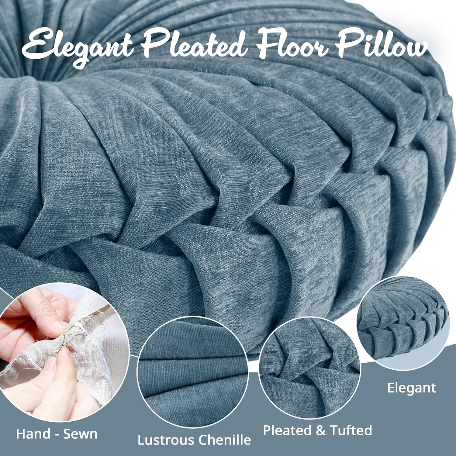 Stylish Poly Chenille Round Floor Pillow Cushion with Textured Fabric, Tufted Button Center, Pleated Detailing, 22" L x 22" W x 6" H, Aqua