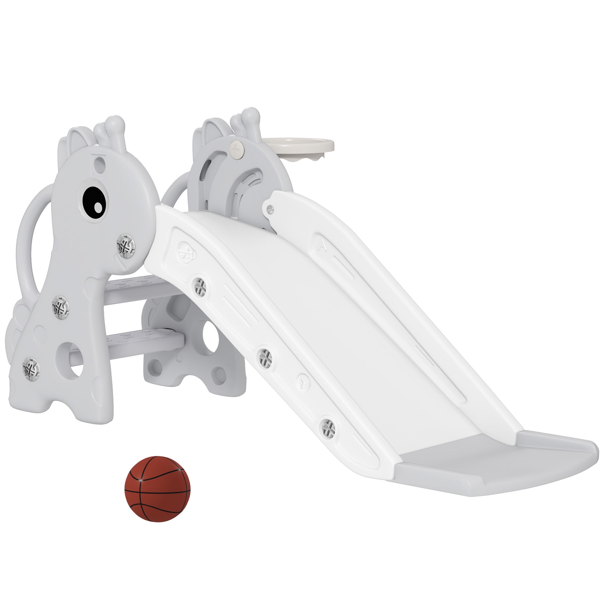 3-in-1 Toddler Slide for Age 1-3, Freestanding Kids Slide with Climber, Basketball Hoop and Ball, Giraffe Design, Gray