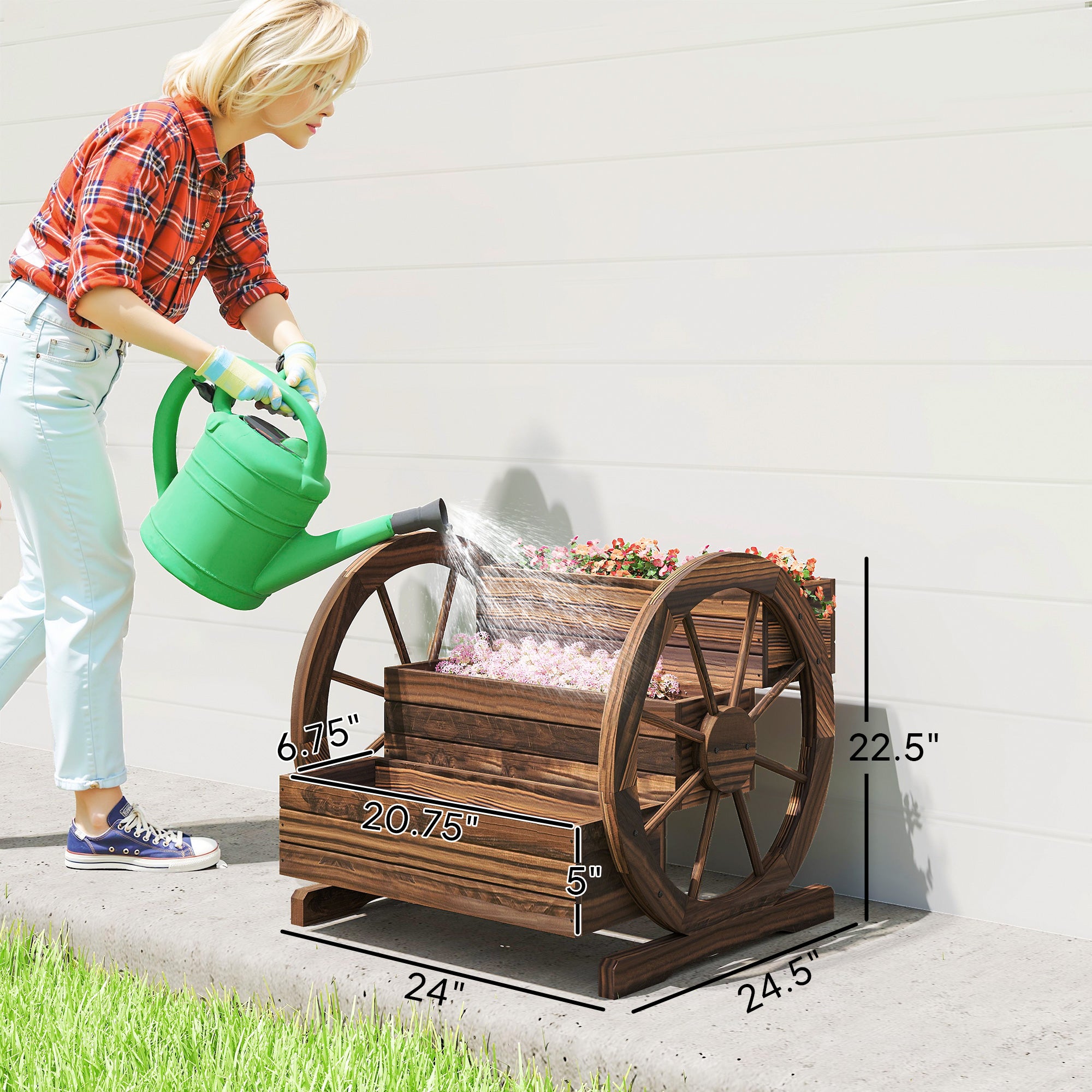 Wooden Wagon Planter Box, 3-Tier Raised Garden Bed, for Vegetables Flowers Herbs, 25" x 24" x 23"