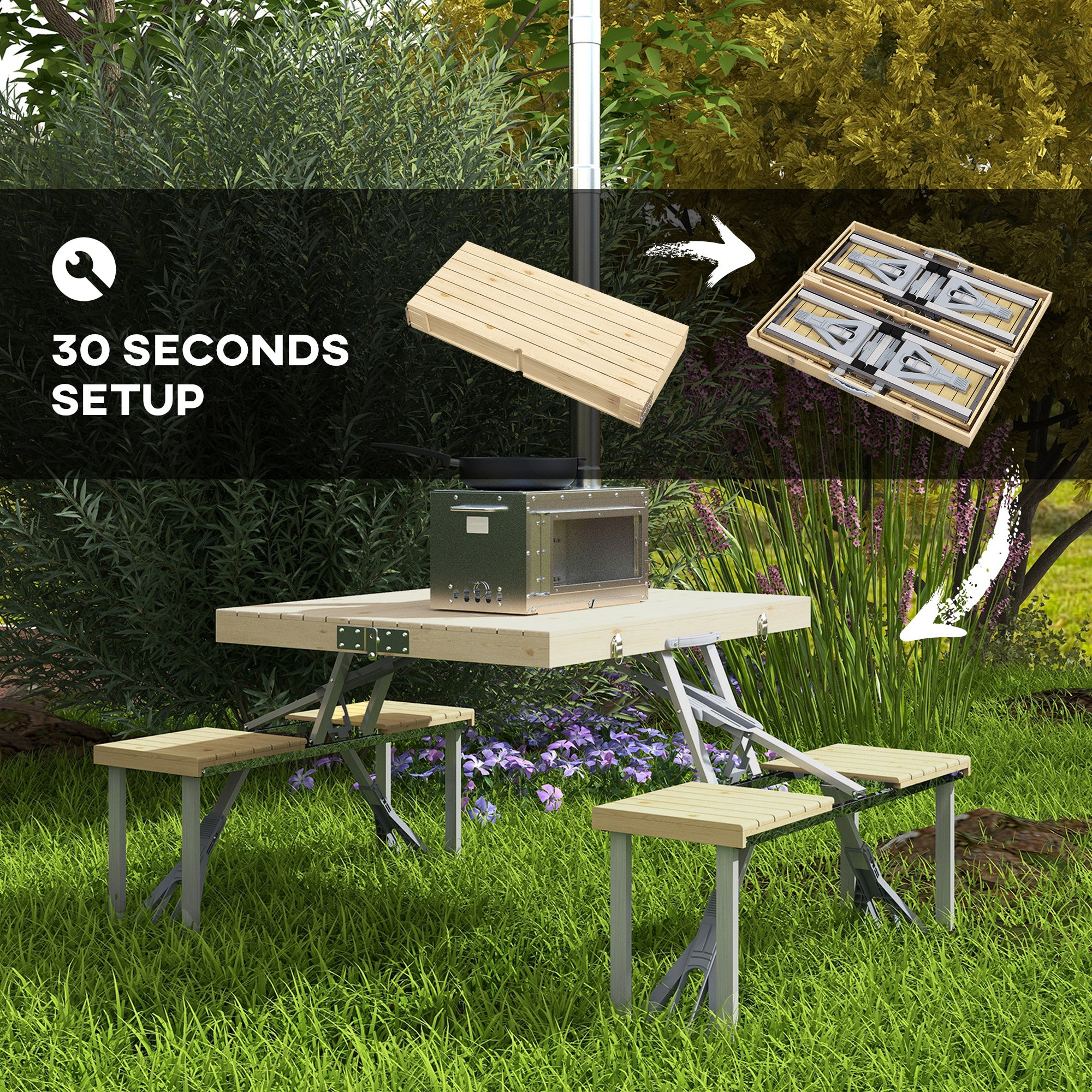 Aluminum Frame Folding Picnic Table, Portable Camping Table and Chairs Set with Umbrella Hole