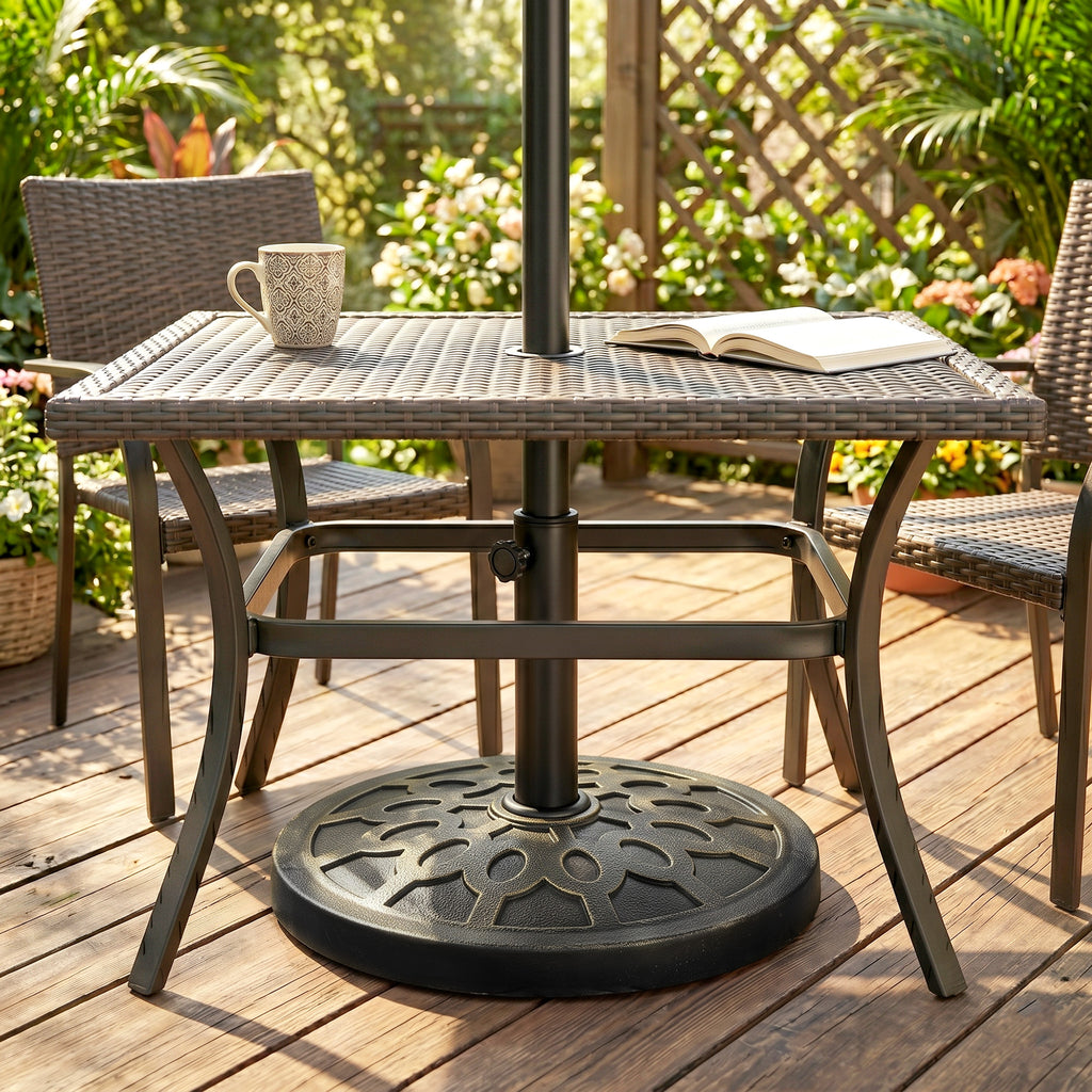 18" 26 lbs Round Resin Umbrella Base Stand Market Parasol Holder with Beautiful Decorative Pattern & Easy Setup, for Φ1.5", Φ1.89" Pole, for Lawn, Deck, Backyard, Garden, Bronze