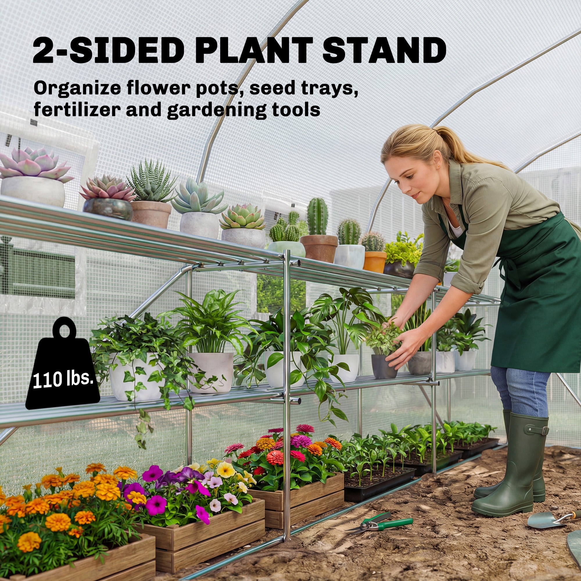 10'x11'x6' Walk-in Tunnel Greenhouse with Shelves, Mesh Door and Windows, Plant Hot House with PE Cover, White