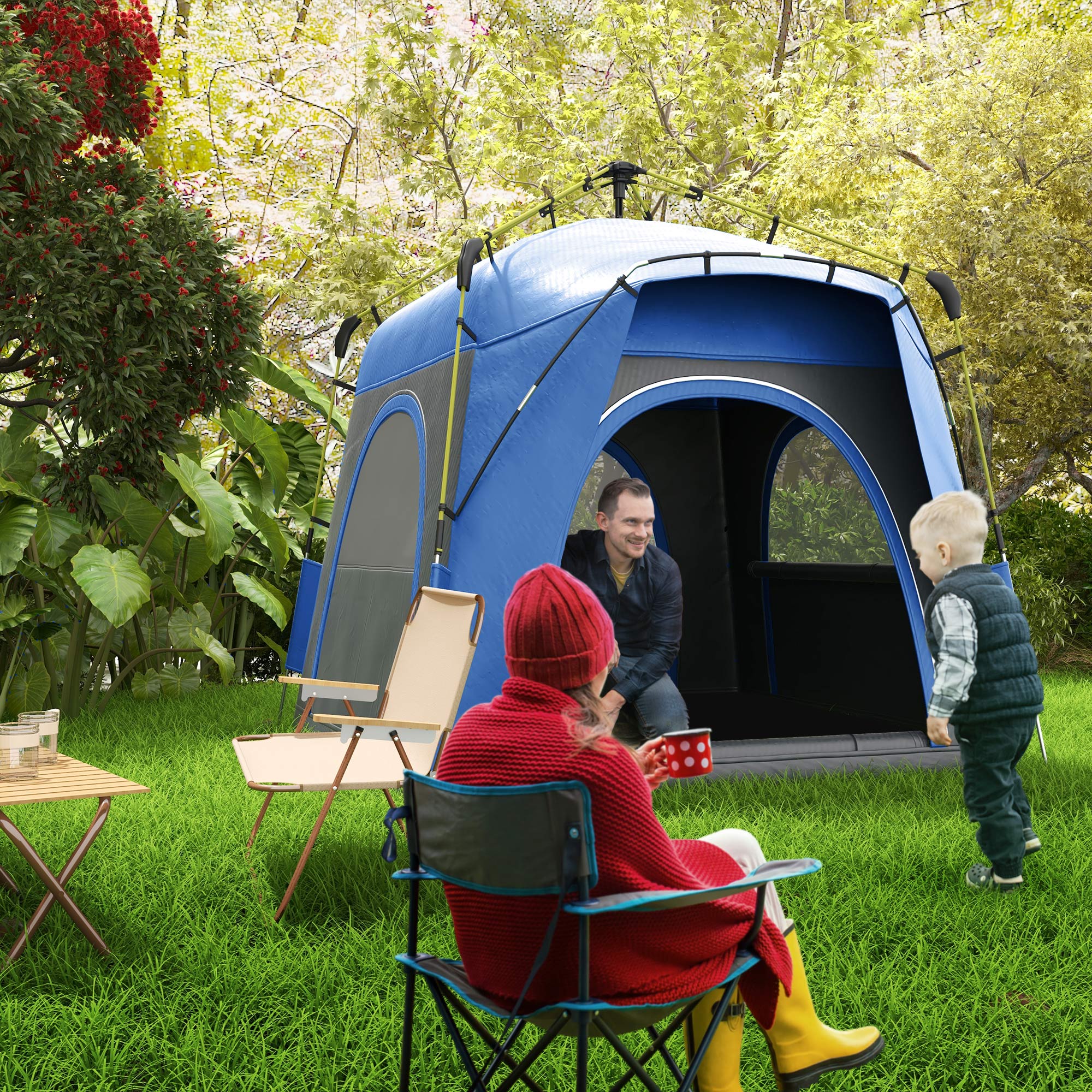 3 Person Pop Up Camping Tent Quick Setup Automatic Hydraulic Family Travel Tent w/ Windows Doors Carry Bag, Blue