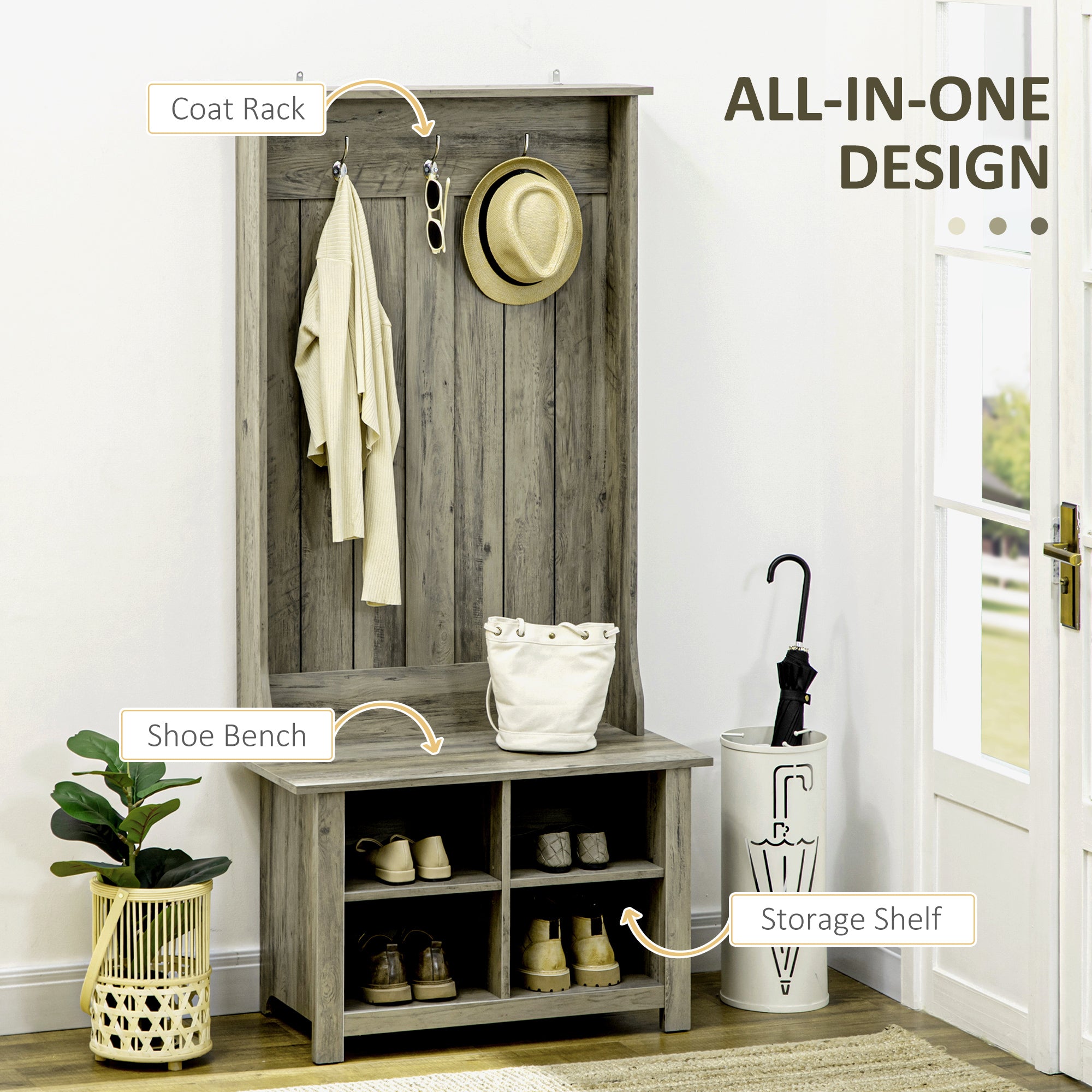 Hall Tree with Shoe Storage Bench Entryway Bench for Living Room, Grey