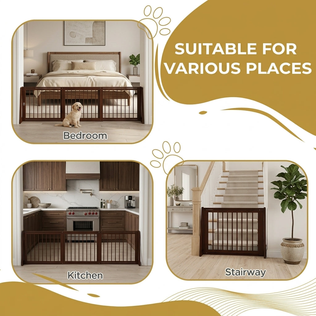 28"-75" Freestanding Wooden Pet Gate with Support Feet & Non-Slip Mats for Indoor, Stairway, Doorway, Brown