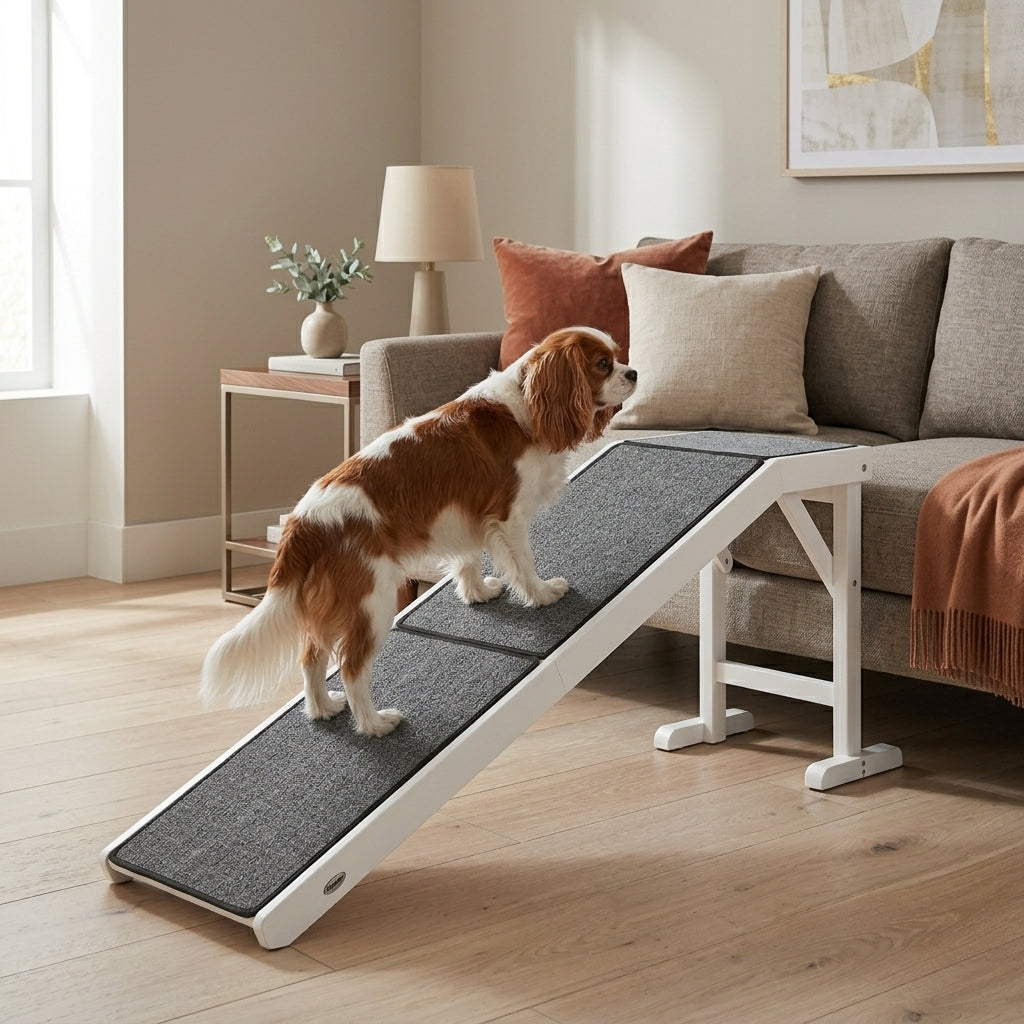 Dog Ramp Foldable with Non-slip Carpet Top Platform, Gray, White