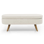 Oval Storage Ottoman Bench with Pleated Linen Fabric, Hidden Storage Footstool with Handmade Rubberwood Legs, 43.5" L x 16" W x 16" H, Beige