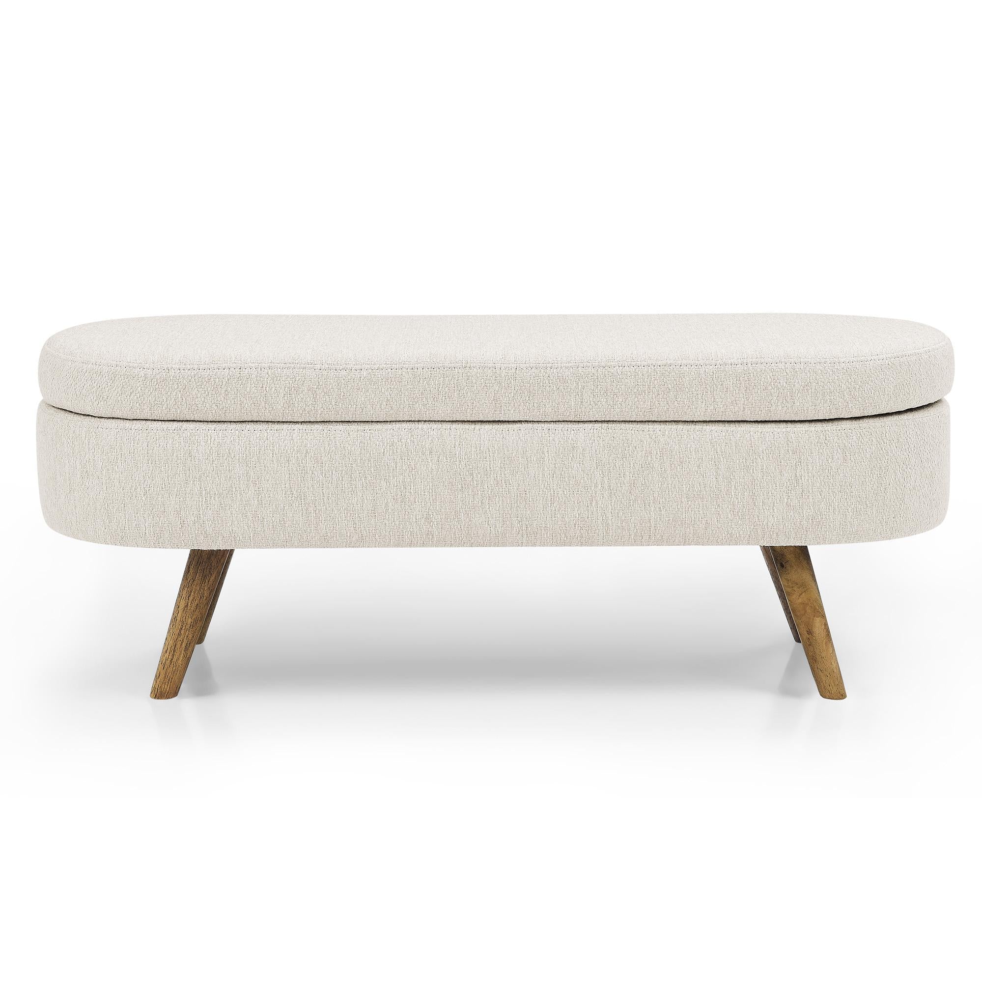 Oval Storage Ottoman Bench with Pleated Linen Fabric, Hidden Storage Footstool with Handmade Rubberwood Legs, 43.5" L x 16" W x 16" H, Beige