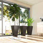 28" Tall Planters, Set of 3 Plastic Flower Pots with Marble Finish and Drainage Holes, Stackable Taper Planters, Brown