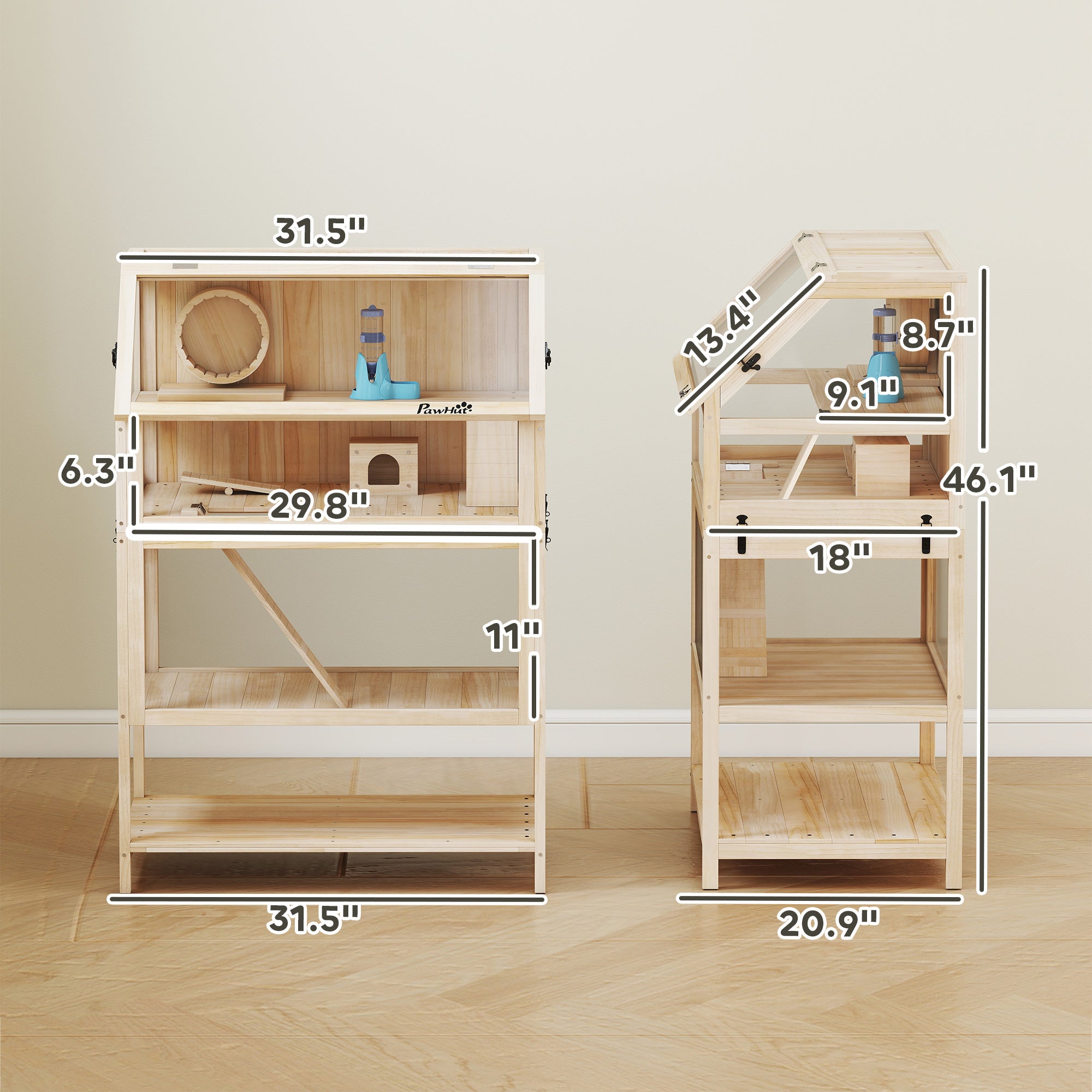 Wooden Hamster Cage with Detachable Lower Floor, Storage Shelf, Hut, Seesaw, Exercise Wheel, Ramps for Dwarf