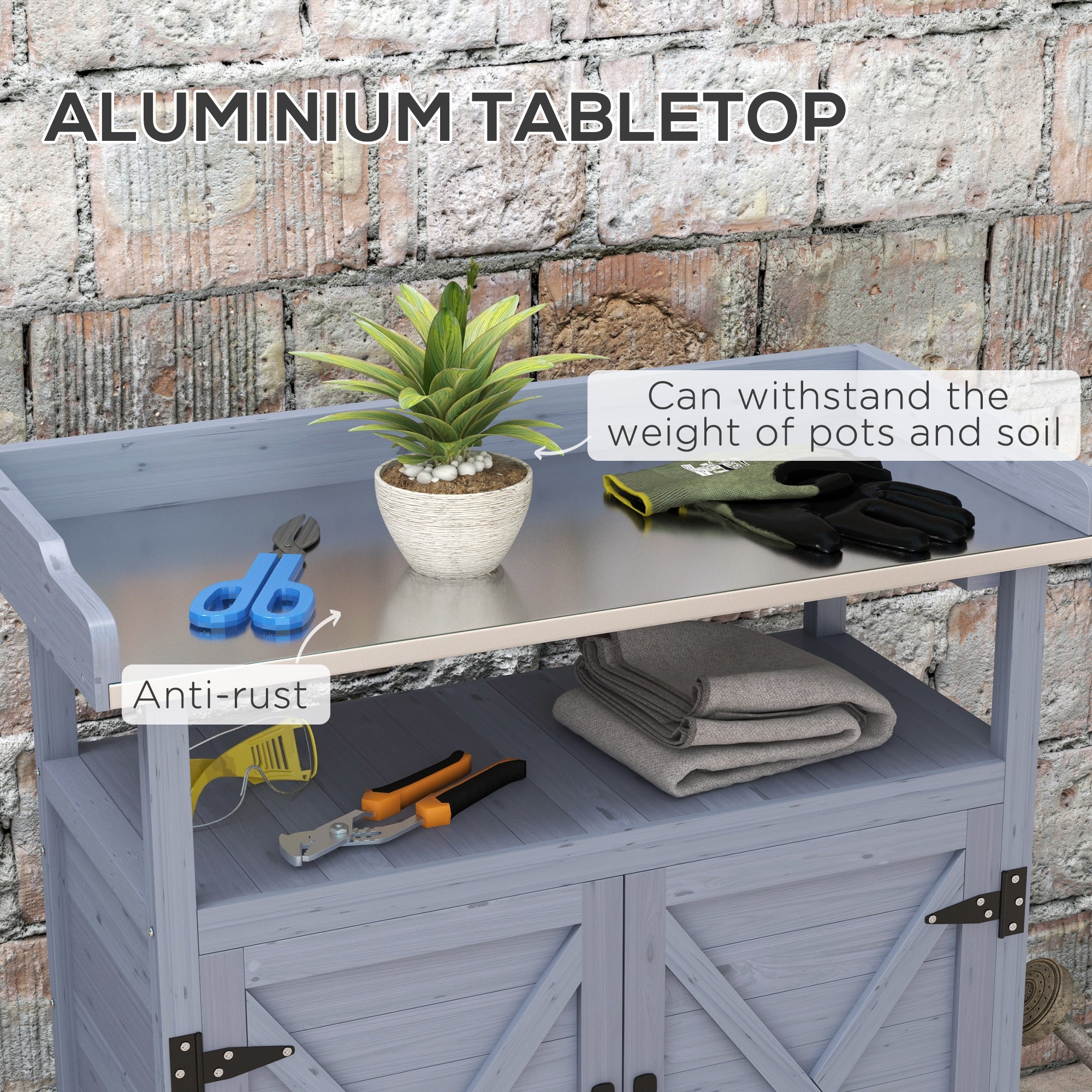 Outdoor Wooden Potting Bench with Storage Cabinet, Aluminum Tabletop, Rubber Wheels for Backyard, Patio, Balcony, Gray