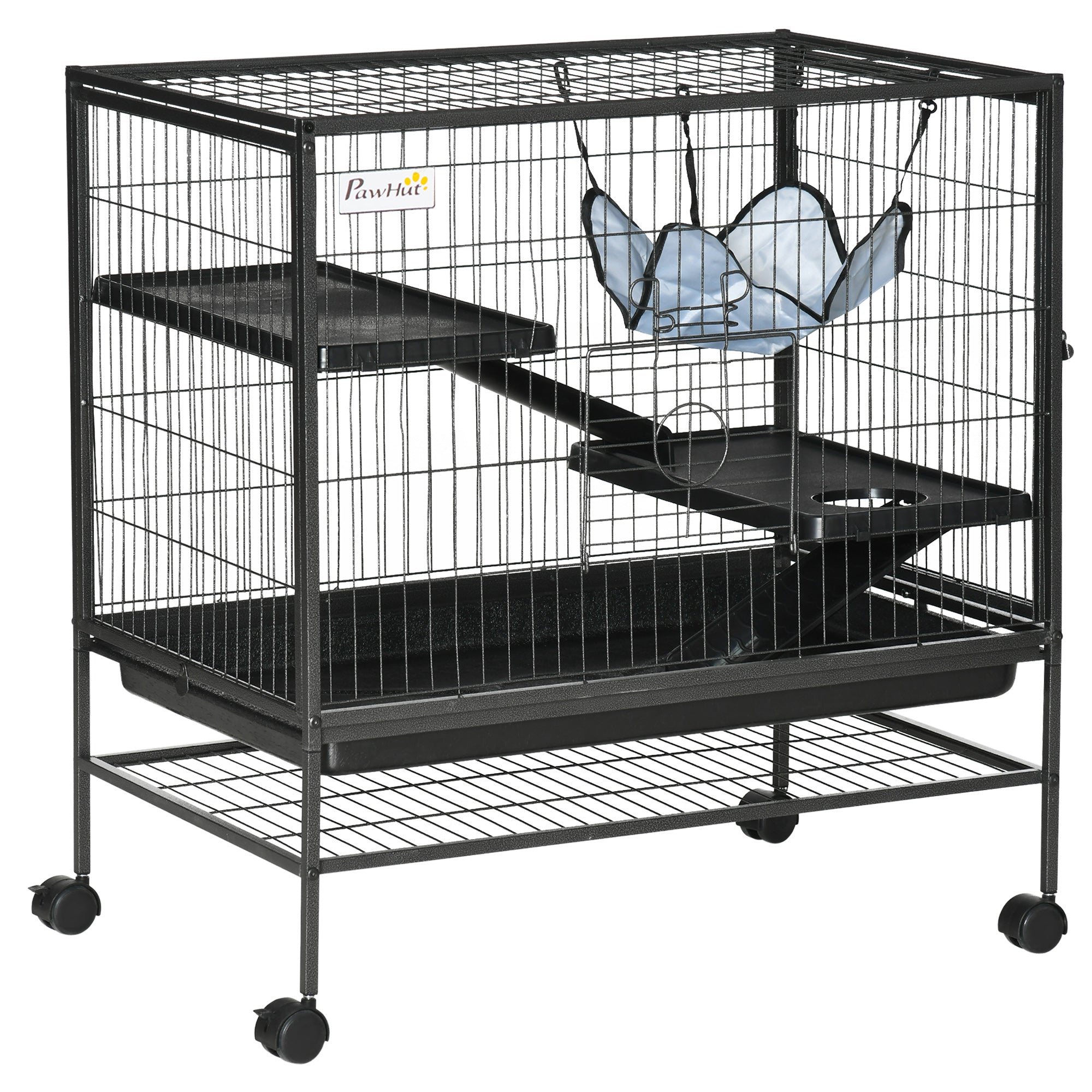 Small Animal Cage with Wheels, Pet Playpen for Rat, Syrian Hamster, Kitten, Ferrets, Chinchillas with Bottom Storage Shelf, Removable Tray, Ramp, 31.5" x 20.5" x 33.1"