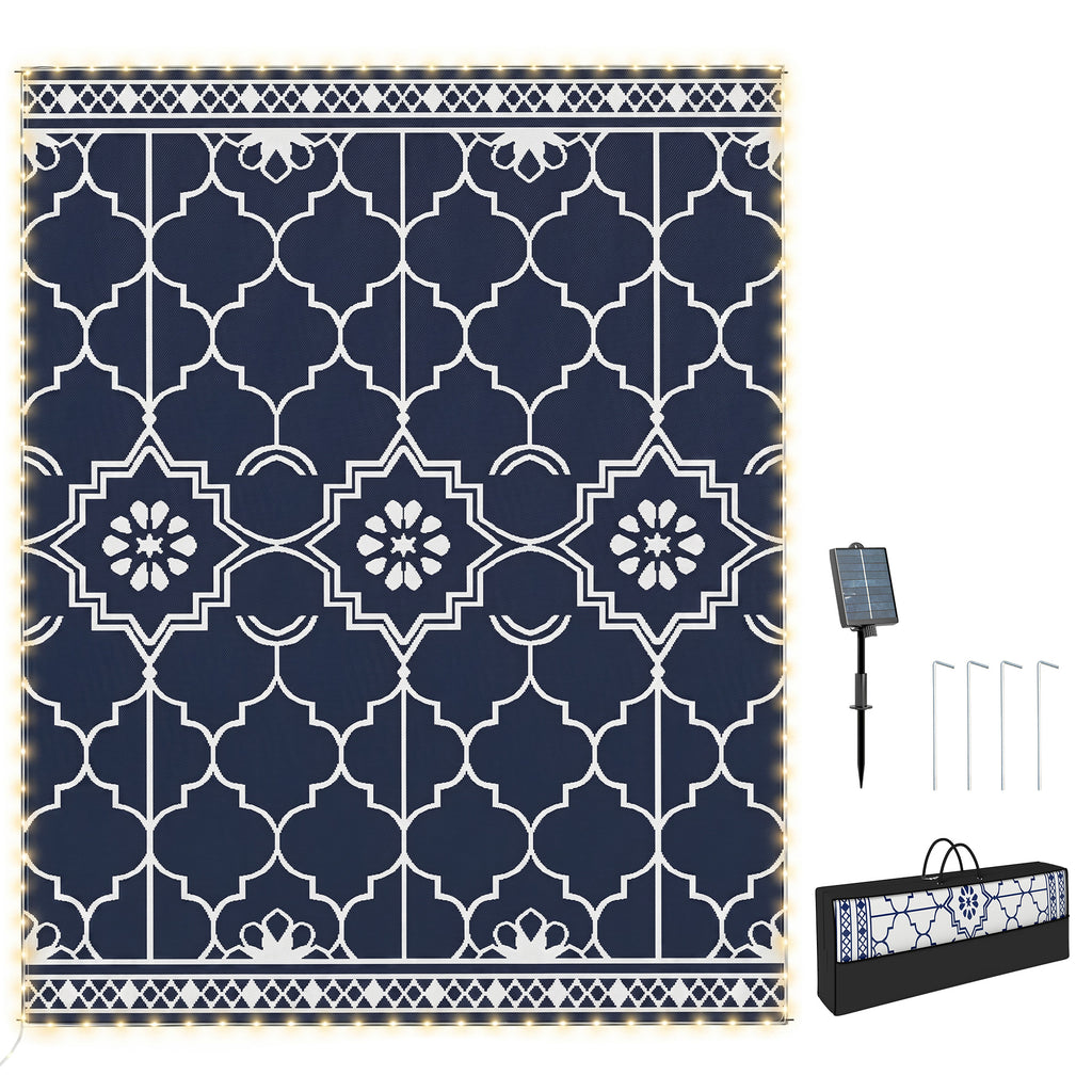 Reversible Outdoor Rug Carpet with LED Lights, 12' x 9' PP Straw Rug with Carry Bag and Ground Stakes