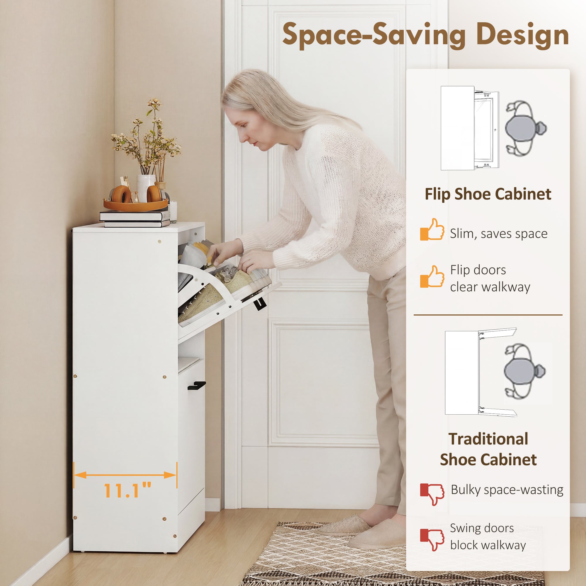 Shoe Cabinet 2 Flip Drawers Narrow Shoe Storage Unit Adjustable Dividers Entryway Hallway White