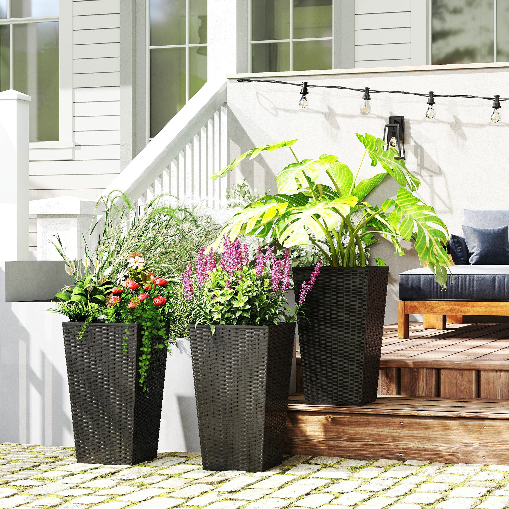 Tall Planters for Outdoor Plants Set of 3, 24 In Taper Planters with Drainage Holes, Rattan Decor Plant Pots for Indoor Outdoor Front Porch Patio Backyard, Black