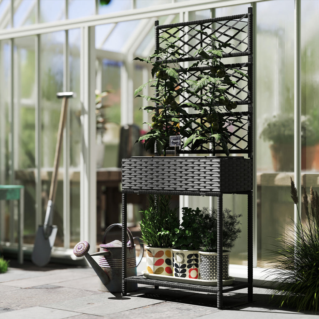 Outdoor Wicker Planter with Trellis for Climbing Plants, Freestanding Rattan Garden Box with Storage Shelf, Black