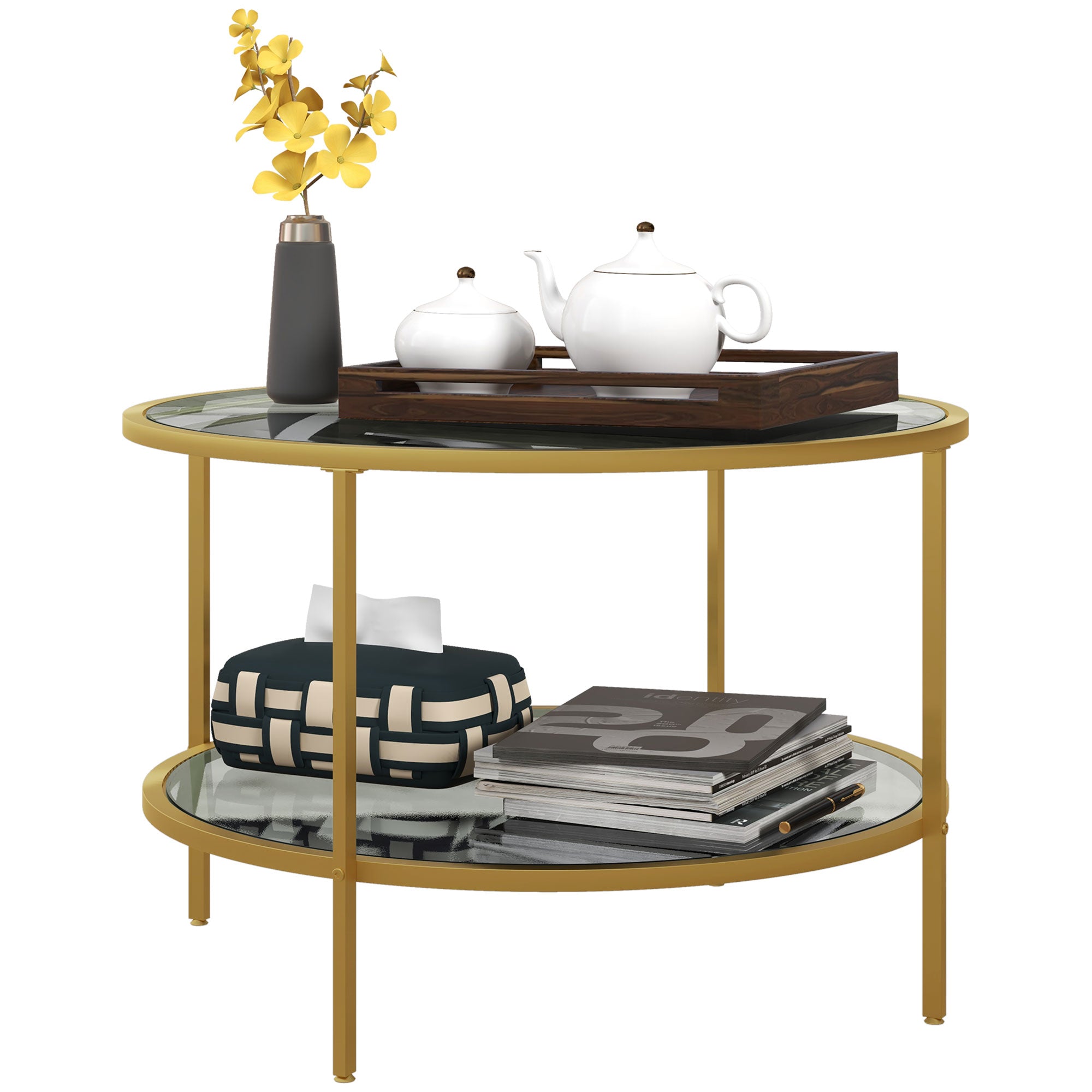 Side Table with Storage, 26" Round End Table, 2-Tier Tempered Glass Coffee Table with Steel Frame for Living Room, Gold