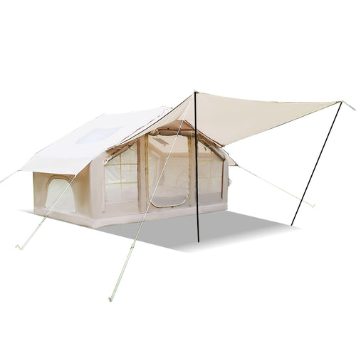 Inflatable 4-Season Camping Tent with Extended Awning, Waterproof Family Tent with Clear Skylight, 118″ L x 82.5″ W x 78.5″ H, Beige