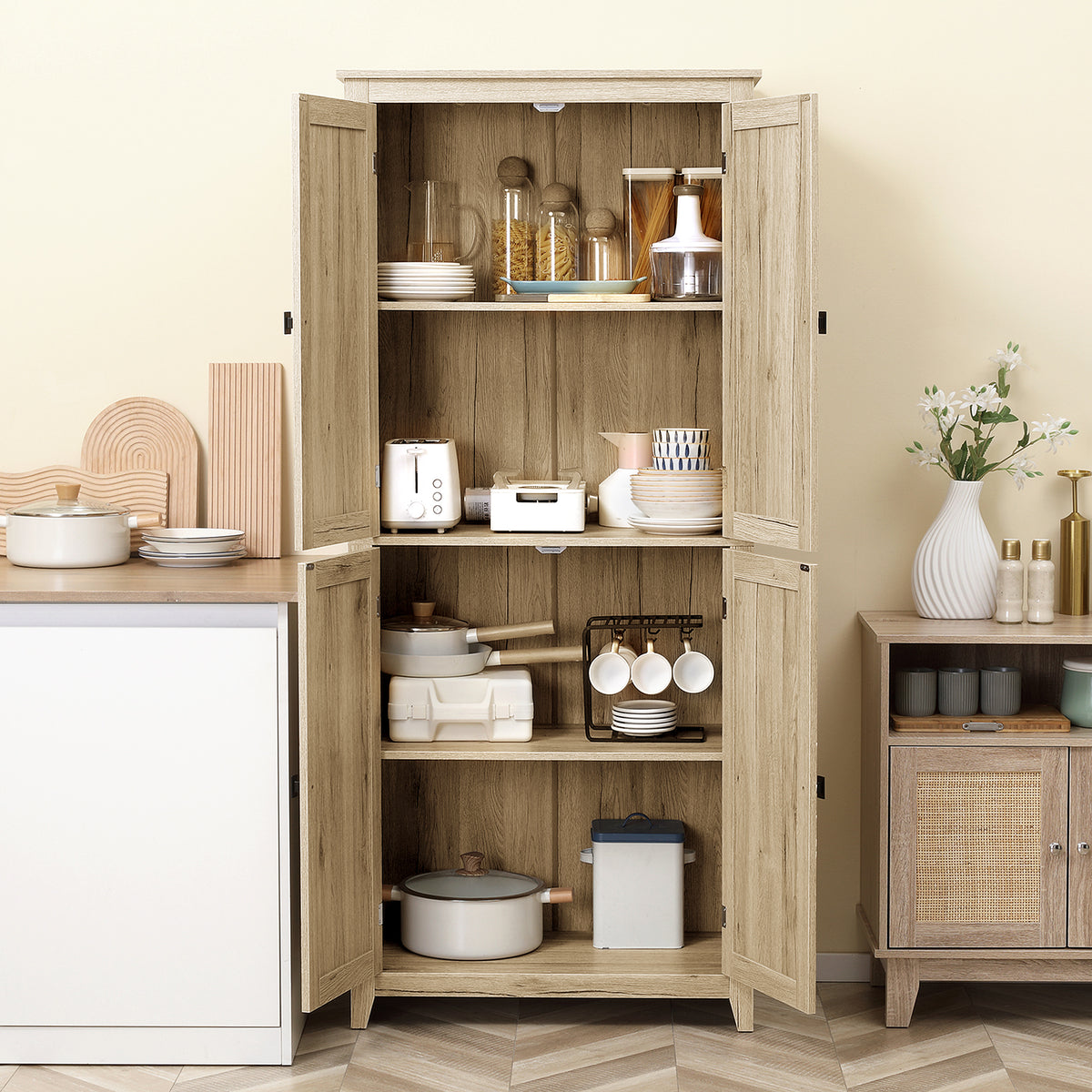 72" Freestanding Kitchen Pantry Cabinet, Farmhouse Tall Storage Cabinet with 4 Door Cabinets and Adjustable Shelves for Dining Room, Natural